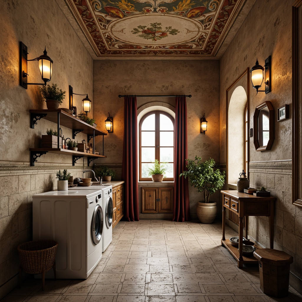 Prompt: Rustic laundry room, textured stone walls, distressed wood accents, vintage metal lanterns, ornate ironwork, soft warm lighting, elegant archways, classic Renaissance-inspired motifs, intricate fresco ceilings, decorative ceramic tiles, antique furniture pieces, rich velvet drapes, ornamental mirrors, lavish chandeliers, warm beige color palette, cozy atmospheric ambiance, shallow depth of field, 1/2 composition, realistic textures, ambient occlusion.