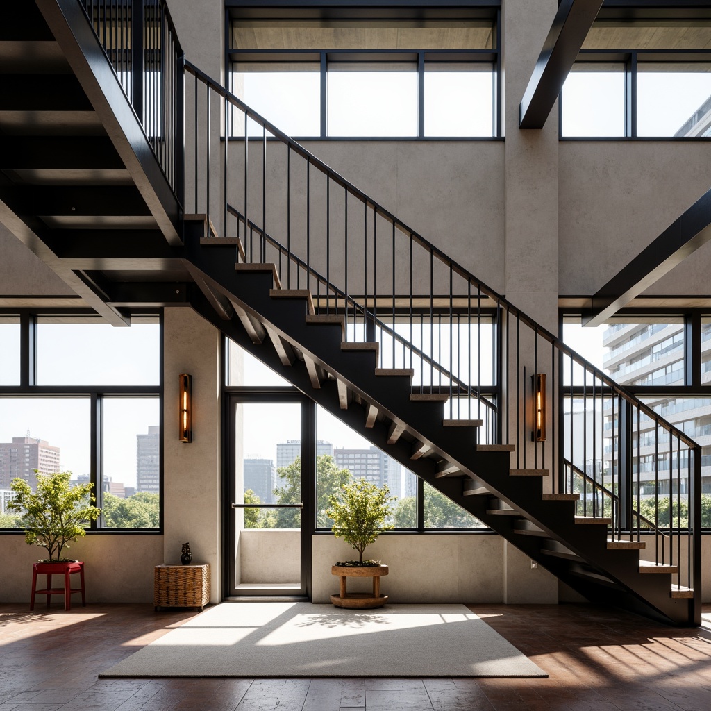 Prompt: Monochromatic staircase, minimalist railings, bold accent colors, sleek metal handrails, geometric patterns, industrial chic atmosphere, urban loft setting, polished concrete floors, neutral tone walls, pops of vibrant color, statement lighting fixtures, modern architecture, open-plan layout, natural light pouring in, 1/2 composition, high-contrast highlights, realistic materials, ambient occlusion.