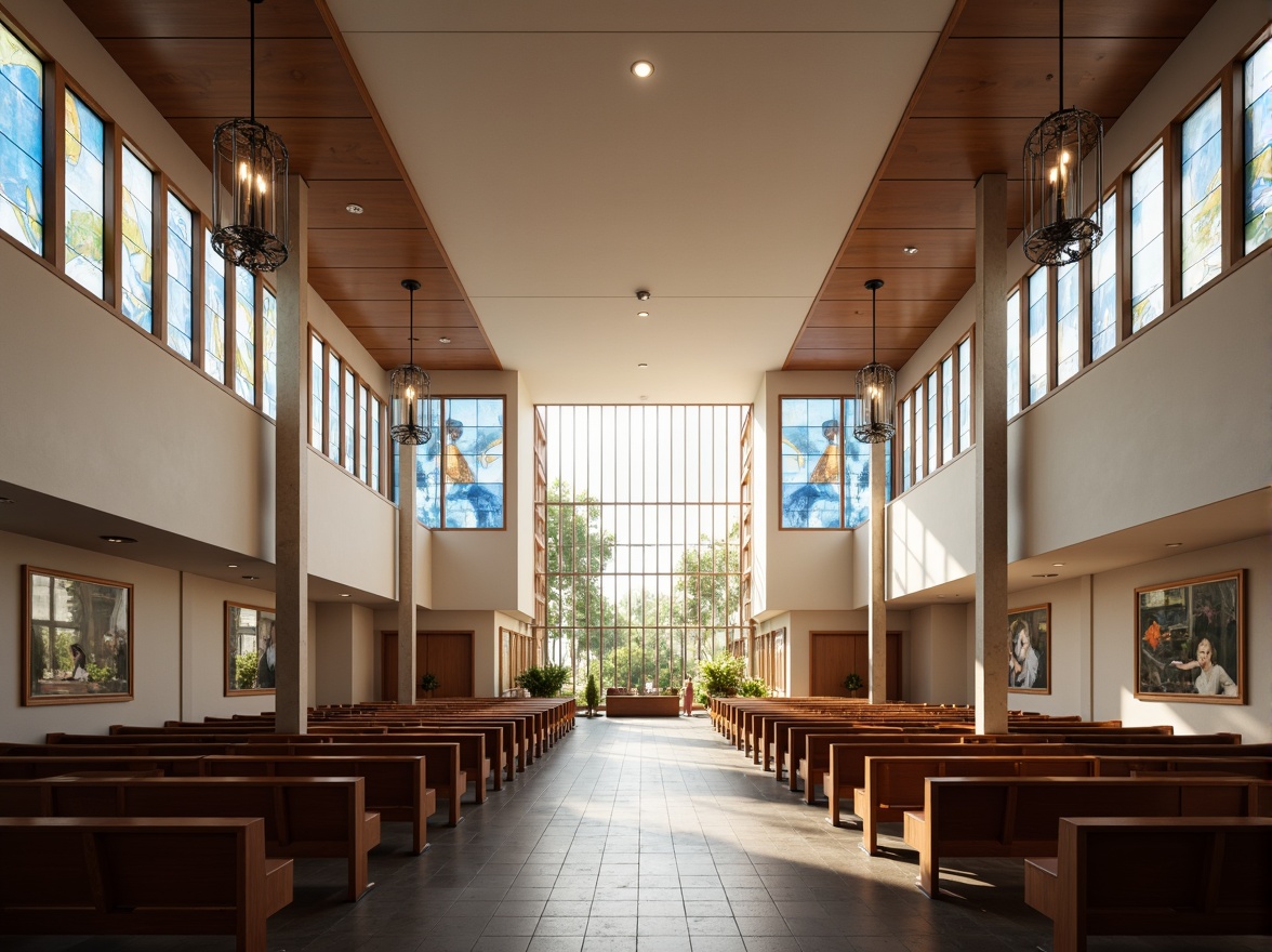 Prompt: Modern church interior, sleek minimalism, high ceilings, stained glass windows, soft warm glow, LED ambient lighting, subtle color temperatures, elegant chandeliers, contemporary pews, polished wood accents, natural stone flooring, abstract spiritual art, intimate worship spaces, dramatic vertical beams, clerestory windows, diffused indirect lighting, 1/1 composition, realistic reflections, subtle lens flares.