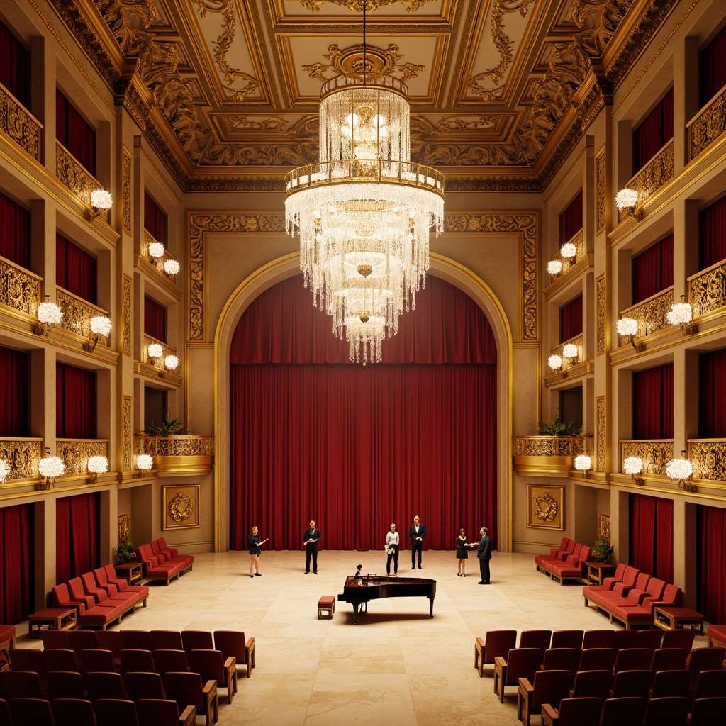 Prompt: Opulent concert hall, ornate chandeliers, crystal droplets, soft warm glow, golden accents, intricate moldings, plush red velvet curtains, gilded balconies, majestic staircases, grand pianos, lavish furnishings, Baroque-inspired architecture, ornamental mirrors, delicate filigree patterns, warm beige marble floors, subtle gradient lighting, dramatic spotlights, 1/2 composition, cinematic atmosphere, realistic reflections.