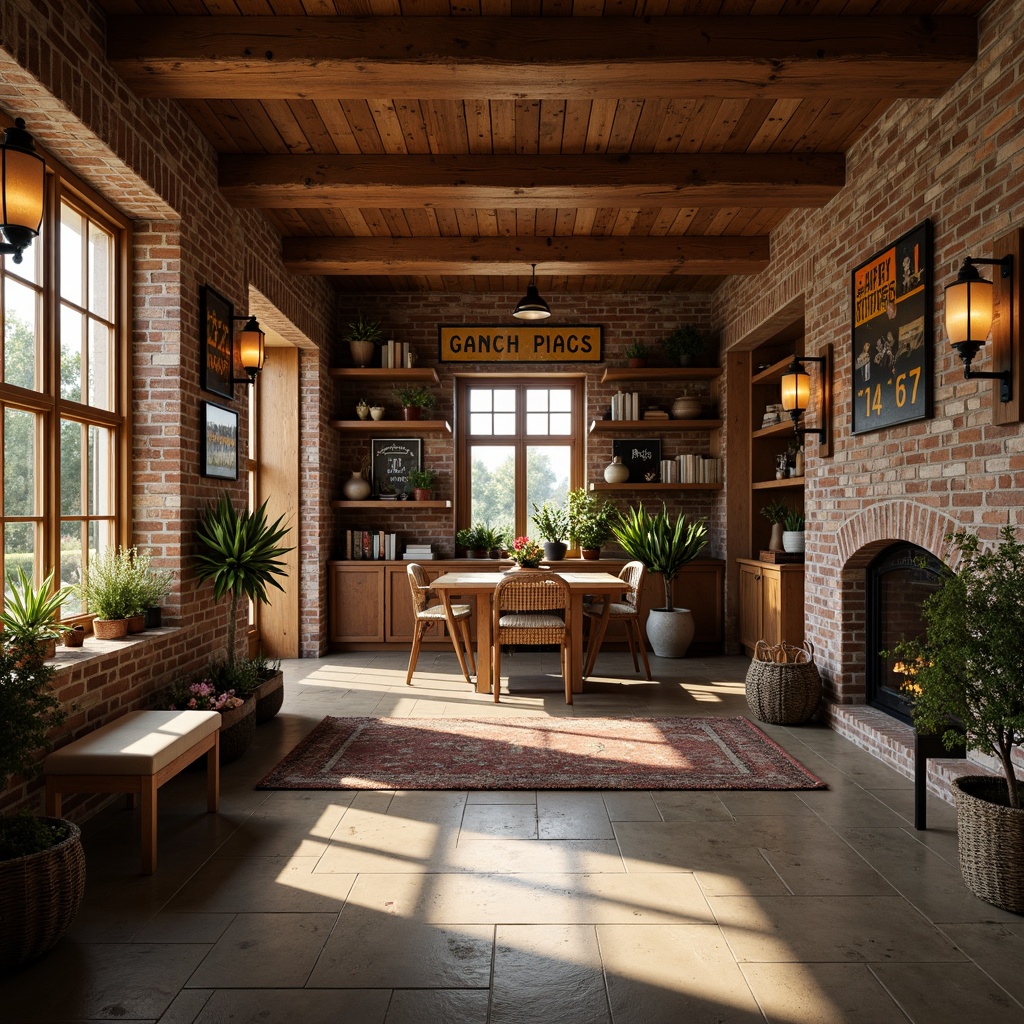 Prompt: Rustic family garage, warm wooden accents, earthy color palette, vintage metal signs, distressed wood beams, exposed brick walls, cozy reading nooks, natural stone flooring, lantern-style lighting fixtures, soft warm glow, ambient shadows, 1/1 composition, shallow depth of field, realistic textures, warm afternoon light, rustic country charm.