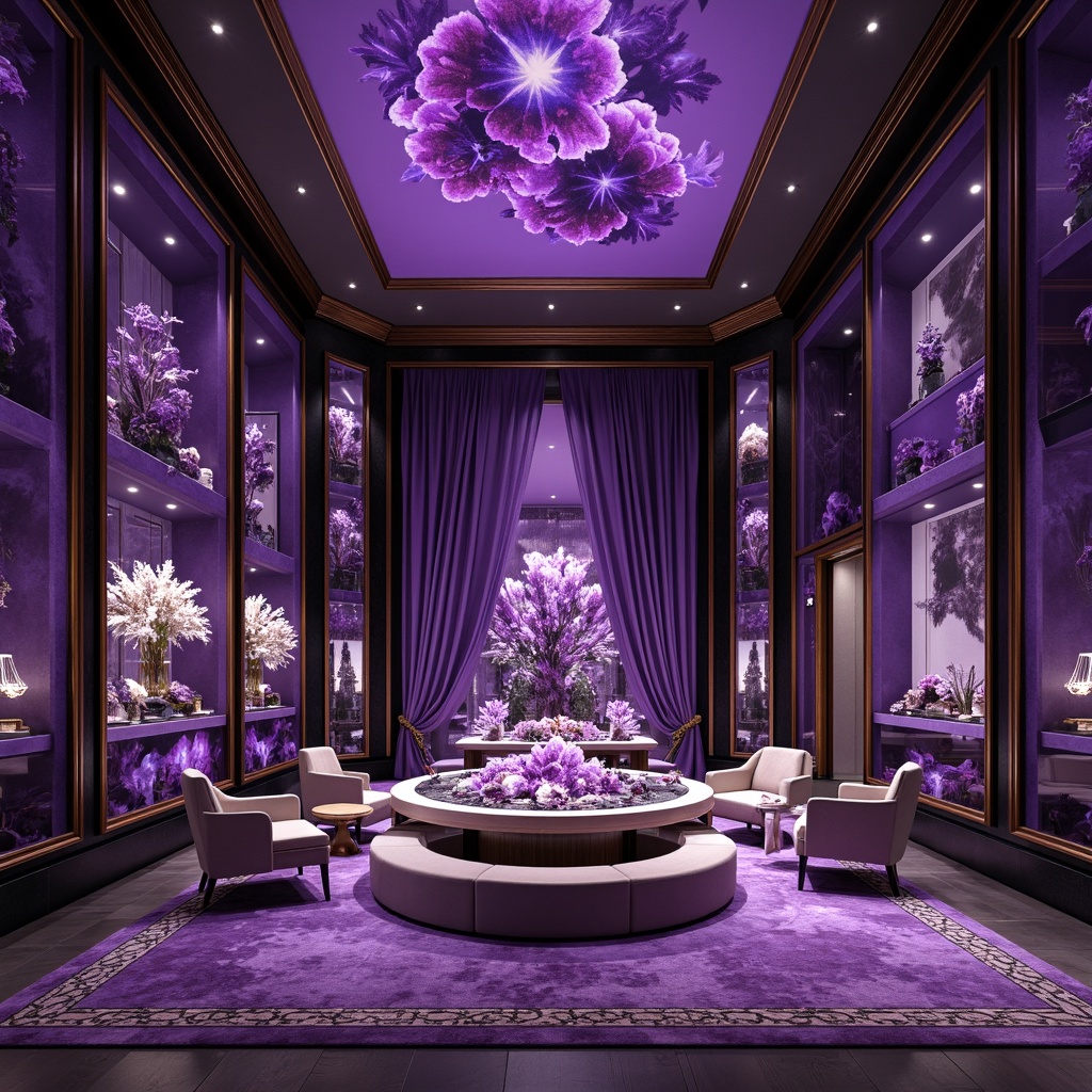 Prompt: Luxurious amethyst accents, rich purple hues, velvety smooth textures, ornate crystal formations, mystical gemstone patterns, lavish decorative elements, opulent jewelry displays, regal architectural details, sophisticated modern interiors, sleek metallic fixtures, ambient soft lighting, dramatic shadows, 1/1 composition, high-contrast color scheme, realistic reflections.