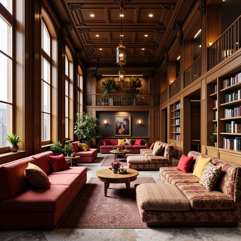 Prompt: Elegant university lounge, rich wooden accents, plush velvet sofas, ornate armchairs, tufted ottomans, vibrant colorful throw pillows, sophisticated geometric patterns, luxurious fabrics, classic academic architecture, grand high ceilings, large windows, soft warm lighting, cozy reading nooks, refined bronze fixtures, polished marble floors, intricate carved wood details, 3/4 composition, realistic textures, ambient occlusion.