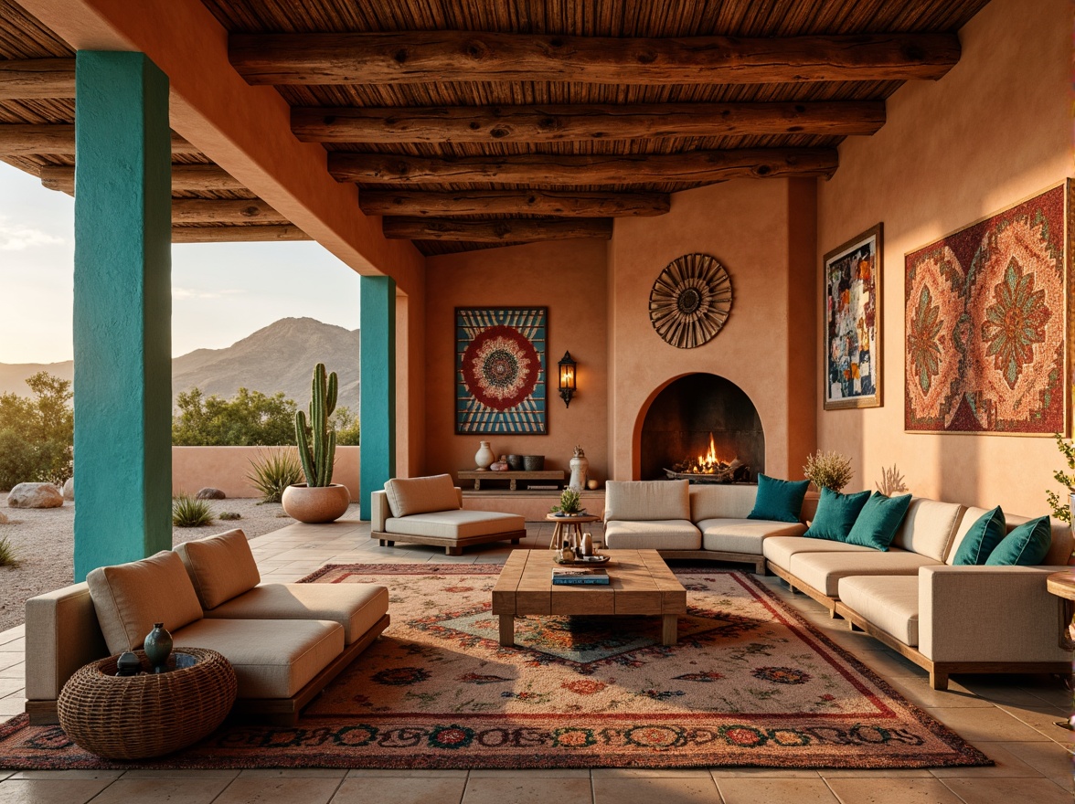 Prompt: Vibrant turquoise accents, earthy terracotta hues, textured adobe walls, rustic wooden beams, warm sandy floors, colorful woven tapestries, abstract geometric patterns, tribal-inspired motifs, natural stone fireplaces, cozy sectional sofas, ambient warm lighting, shallow depth of field, 3/4 composition, realistic textures, southwestern-style furniture, desert landscape photography, cactus silhouettes, sunset-inspired color palette, warm beige tones.