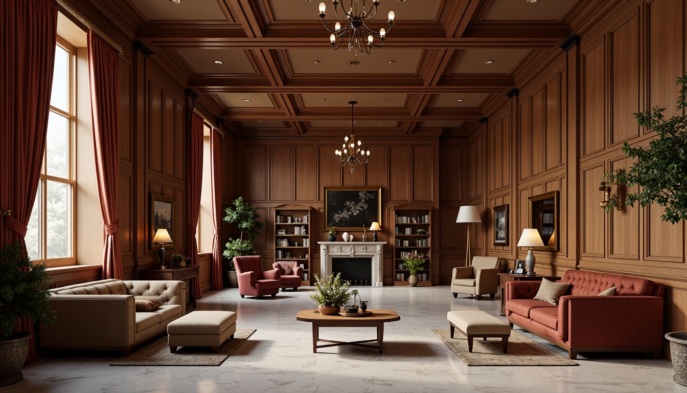 Prompt: Academic building interior, rich wood paneling, comfortable upholstered armchairs, tufted leather sofas, elegant wooden desks, ornate metal lamps, luxurious velvet drapes, sophisticated marble floors, refined bookshelves, subtle warm lighting, soft natural textures, classic color palette, traditional architectural details, symmetrical composition, realistic renderings.