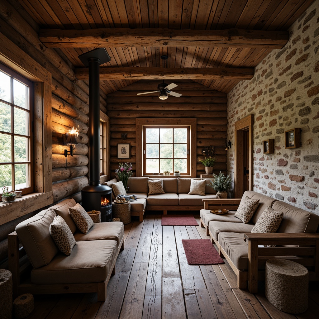 Prompt: Rustic cabin, wooden accents, distressed textures, earthy tones, natural materials, reclaimed wood planks, stone features, cozy atmosphere, warm lighting, rustic furniture, vintage decor, wooden beams, exposed brick walls, country-inspired patterns, woven textiles, earthy color palette, soft focus, shallow depth of field, 1/2 composition, warm color temperature.