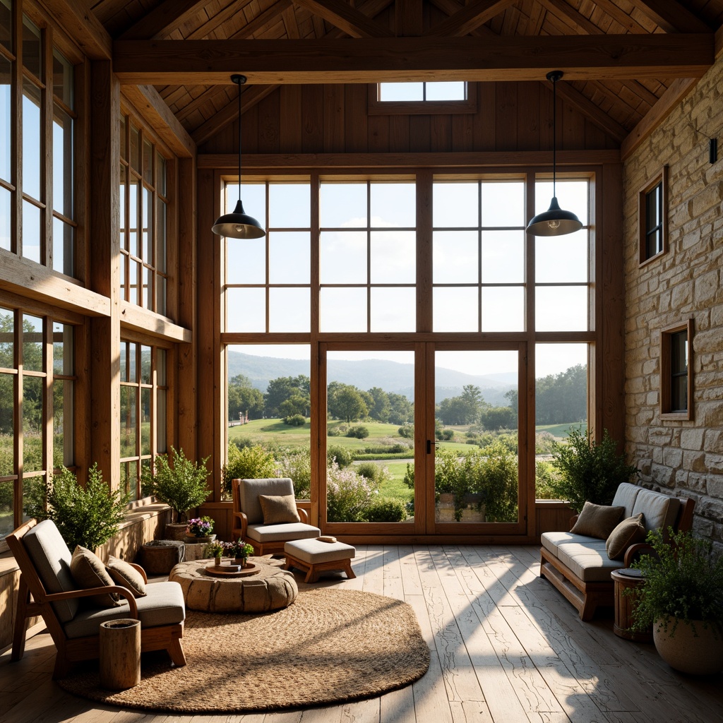 Prompt: Rustic farmhouse interior, high ceilings, large windows, wooden beams, natural stone walls, vintage farm tools, distressed wood furniture, earthy color palette, soft warm lighting, shallow depth of field, 1/1 composition, panoramic view, realistic textures, ambient occlusion, countryside views, rolling hills, green pastures, sunny day, gentle breeze, wildflowers, traditional farmhouse decor, reclaimed wood accents, metal roof lanterns, pendant lights, woven textiles.