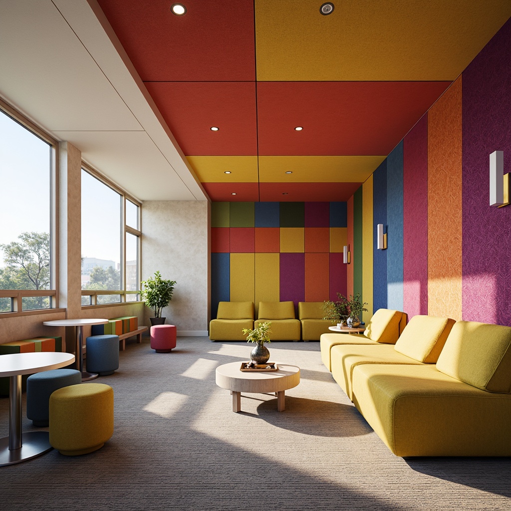 Prompt: Vibrant educational setting, colorful textile patterns, acoustic panels, sound-absorbing fabrics, ergonomic furniture, soft upholstery, natural fibers, sustainable materials, minimalistic design, neutral color palette, subtle textures, ambient lighting, 3/4 composition, shallow depth of field, realistic rendering, detailed fabric simulations.