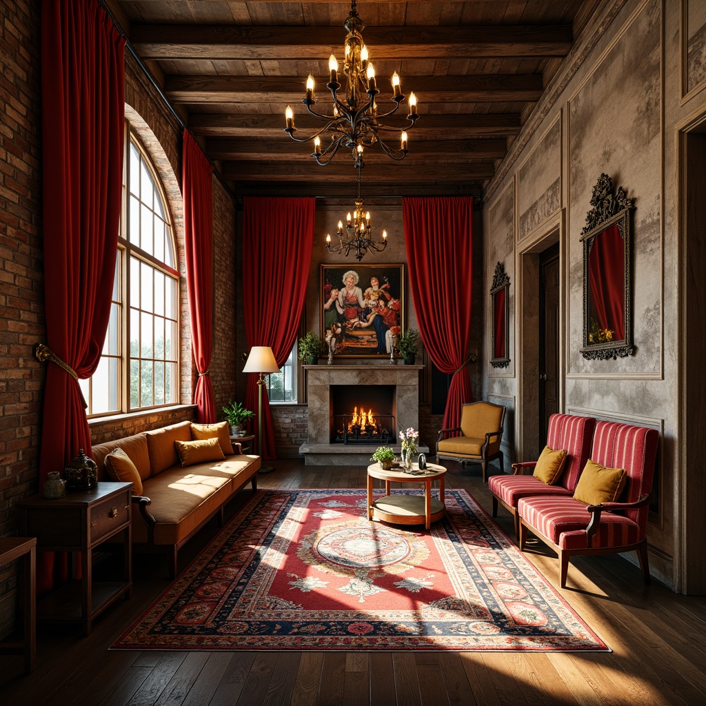 Prompt: Rich velvet drapes, distressed wooden walls, antique furniture pieces, ornate metal fixtures, vintage rugs, bold colorful patterns, eclectic artwork collections, ornamental mirrors, luxurious fabrics, statement lighting fixtures, textured stonework, reclaimed wood accents, industrial metal beams, rustic brick archways, warm golden lighting, soft focus blur, 1/2 composition, cinematic atmosphere.