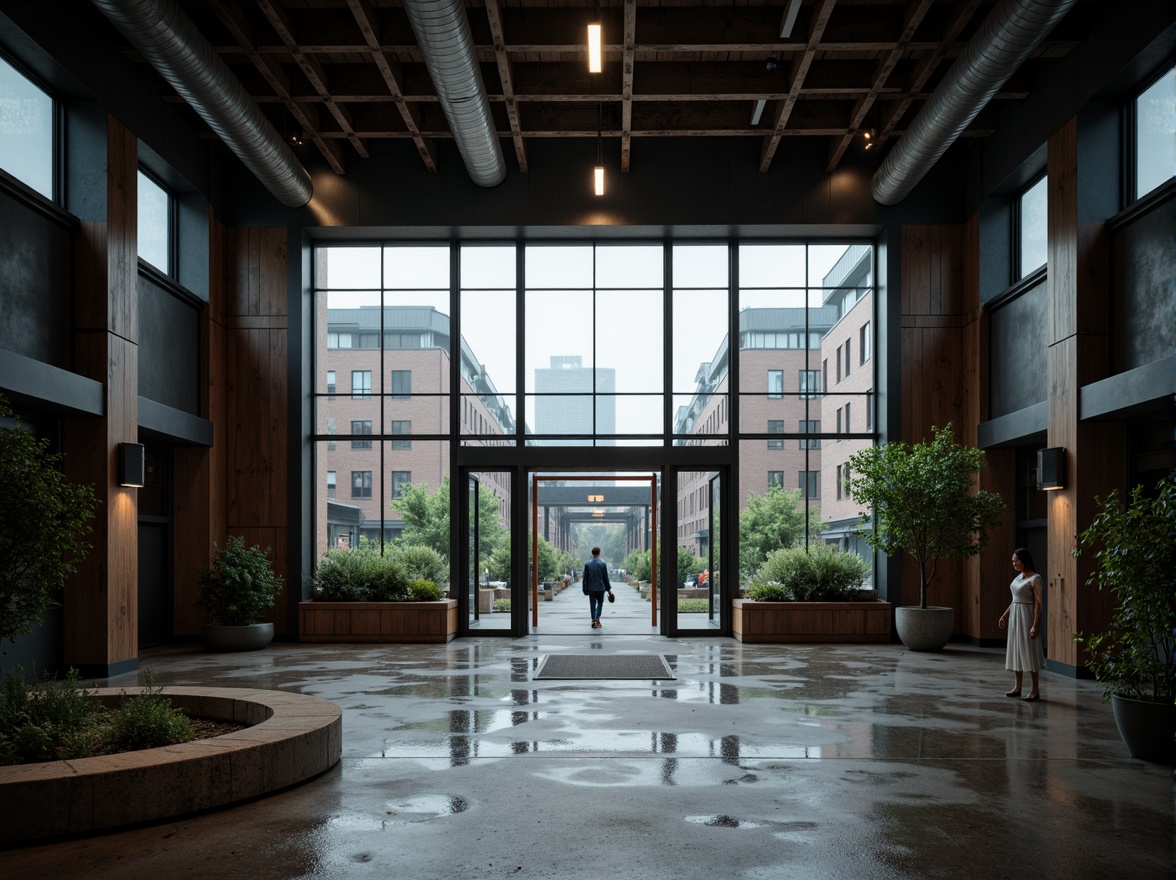 Prompt: Modernist entrance, geometric shapes, industrial materials, metal accents, clean lines, minimal ornamentation, functional lighting fixtures, exposed ductwork, concrete floors, steel beams, floor-to-ceiling windows, natural light pouring in, dramatic shadows, high contrast ratio, 1/2 composition, low-key lighting, cinematic mood, urban atmosphere, rainy day, softbox lighting, realistic reflections.