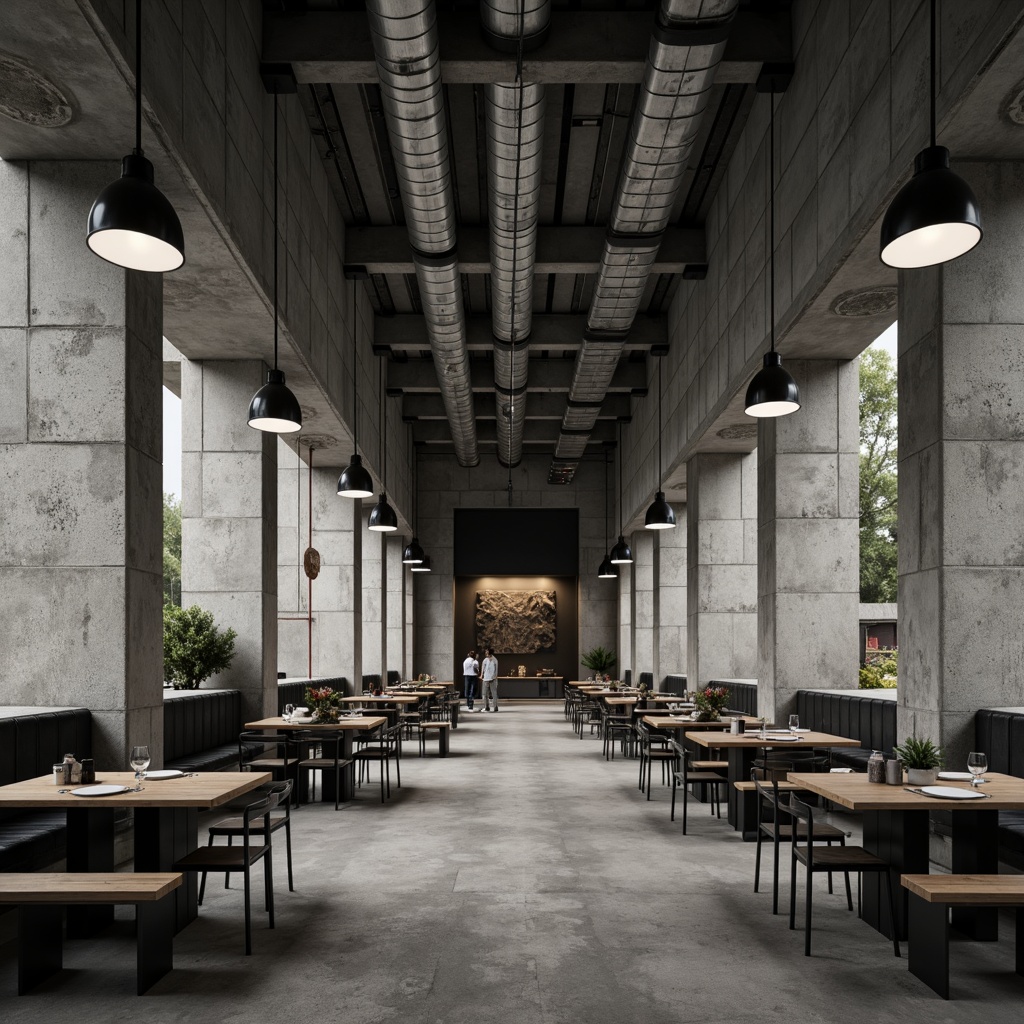 Prompt: Rugged brutalist dining hall, monumental concrete columns, raw exposed ductwork, industrial-style lighting fixtures, communal wooden tables, steel chairs, minimalist decor, monochromatic color scheme, bold geometric patterns, angular lines, cold harsh lighting, shallow depth of field, 1/1 composition, symmetrical framing, stark atmospheric mood, dramatic shadows, functional simplicity.