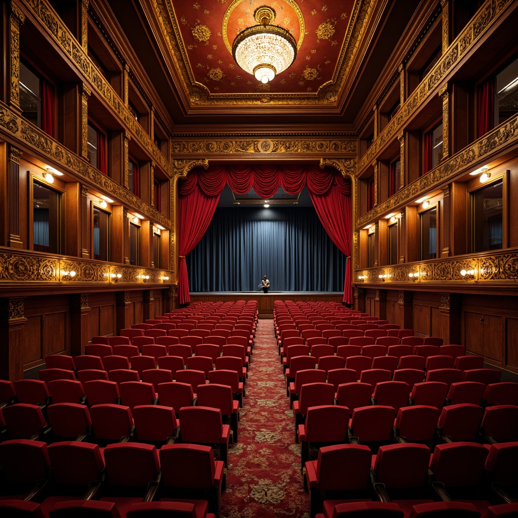 Prompt: Luxurious theater interior, rich velvet curtains, golden ornate details, subtle crimson accents, sophisticated dark wood paneling, soft warm lighting, intimate seating areas, plush comfortable upholstery, ornamental mirrors, grand chandeliers, majestic high ceilings, opulent decorative patterns, intricate molding designs, dramatic spotlights, 3/4 composition, shallow depth of field, warm vibrant colors, realistic textures.