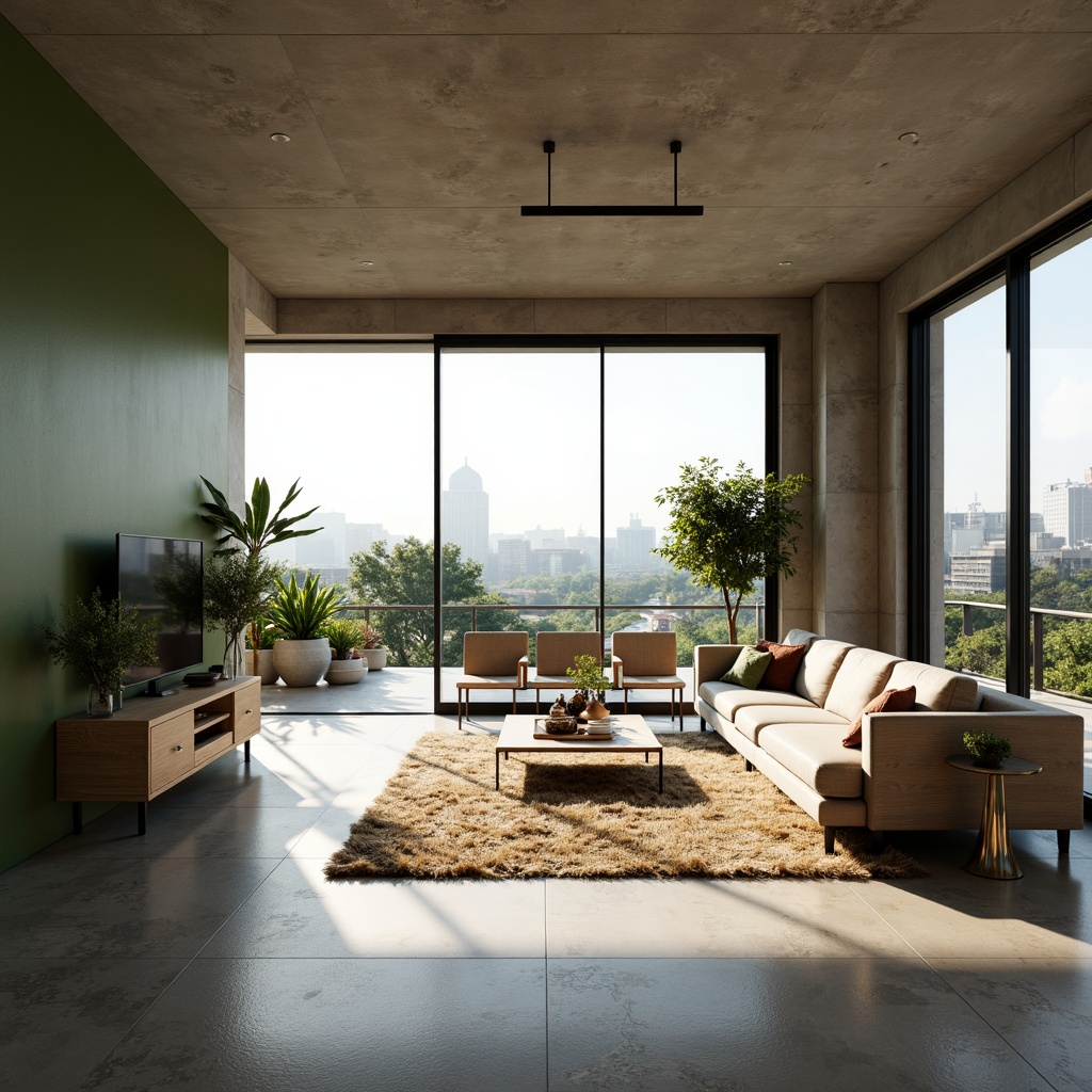 Prompt: Modern minimalist living room, floor-to-ceiling windows, sliding glass doors, natural stone flooring, sleek low-profile furniture, neutral color palette, abundant natural light, airy atmosphere, green walls, potted plants, wooden accents, industrial chic lighting fixtures, concrete ceilings, open-plan layout, functional storage solutions, cozy reading nooks, panoramic city views, soft warm glow, shallow depth of field, 1/2 composition, realistic textures, ambient occlusion.