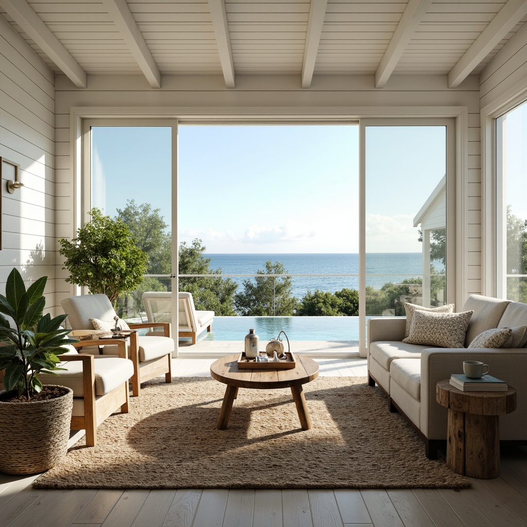 Prompt: Coastal living room, large windows, sliding glass doors, natural light pouring in, white shiplap walls, driftwood furniture, woven sea grass rugs, calming ocean views, soft blue-green color palette, beachy textures, rustic wooden accents, nautical decorative items, potted succulents, airy atmosphere, warm sunny day, shallow depth of field, 1/2 composition, realistic reflections, subtle lens flares.