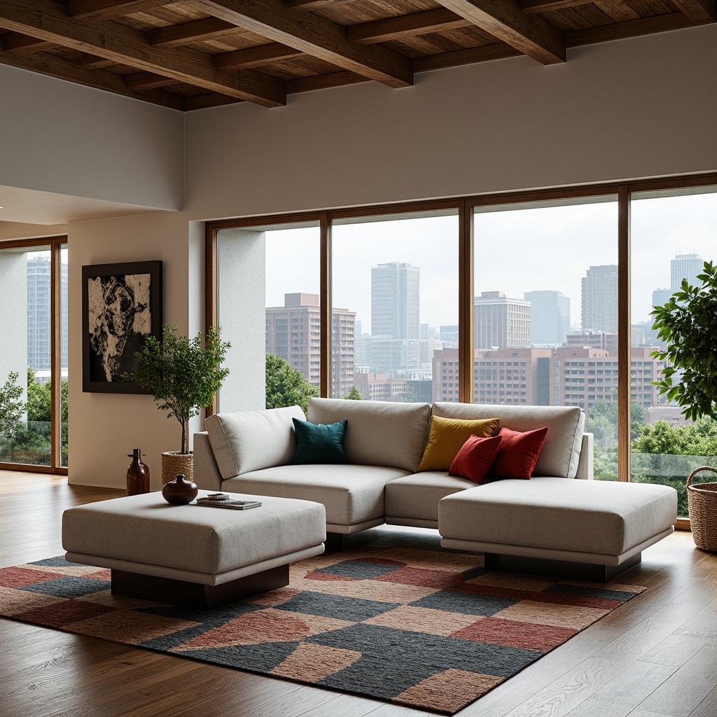 Prompt: Modern living room, sleek low-profile sofa, minimalist coffee table, abstract art pieces, floor-to-ceiling windows, natural wood flooring, industrial-chic metal accents, bold colorful throw pillows, geometric patterned rugs, ambient soft lighting, 1/1 composition, shallow depth of field, panoramic view, realistic textures, contemporary architecture, open-plan layout, functional storage units, innovative seating systems, eco-friendly upholstery materials, Scandinavian-inspired design elements.