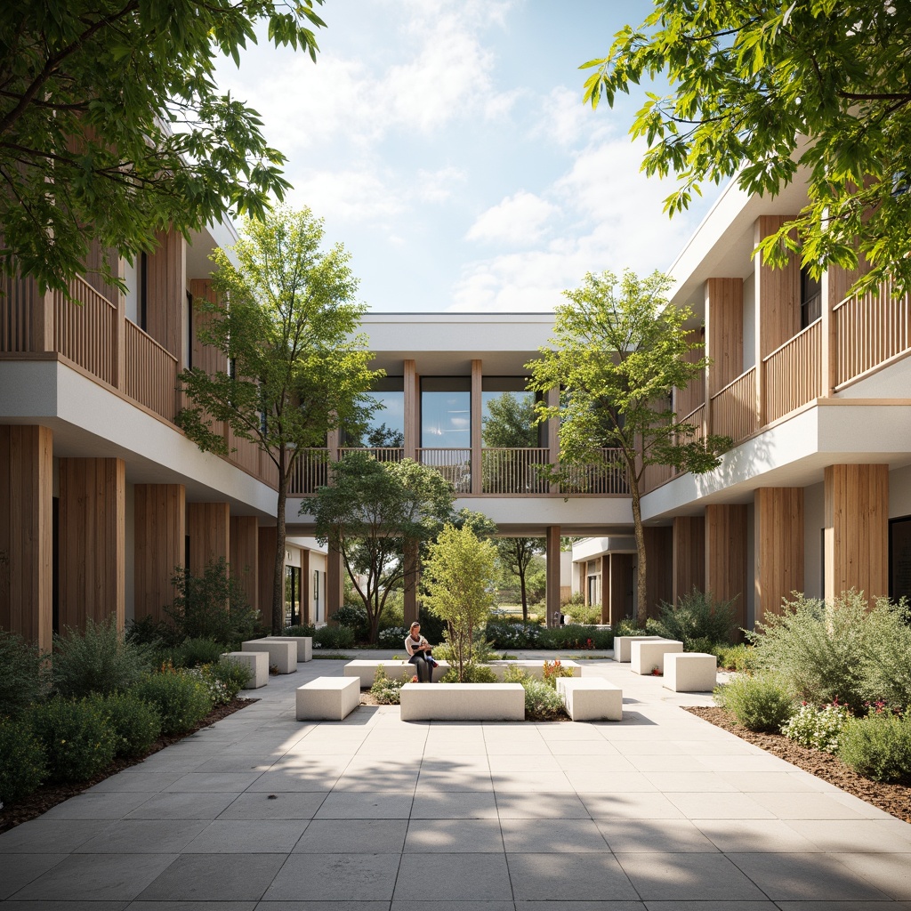 Prompt: Minimalist community center, open courtyard, natural stone flooring, simple benches, abundant greenery, bamboo plants, wooden accents, neutral color palette, soft diffused lighting, shallow depth of field, 1/1 composition, panoramic view, realistic textures, ambient occlusion, modern minimalist architecture, clean lines, minimal ornamentation, functional simplicity, community gathering spaces, public art installations, calm atmosphere, warm sunny day.