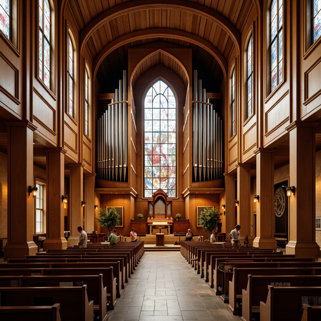 Prompt: Elegant church interior, warm wood tones, stained glass windows, ornate pews, vaulted ceilings, grand organs, acoustic panels, sound-absorbing materials, reverberation control, intimate ambiance, soft warm lighting, shallow depth of field, 1/1 composition, realistic textures, ambient occlusion.