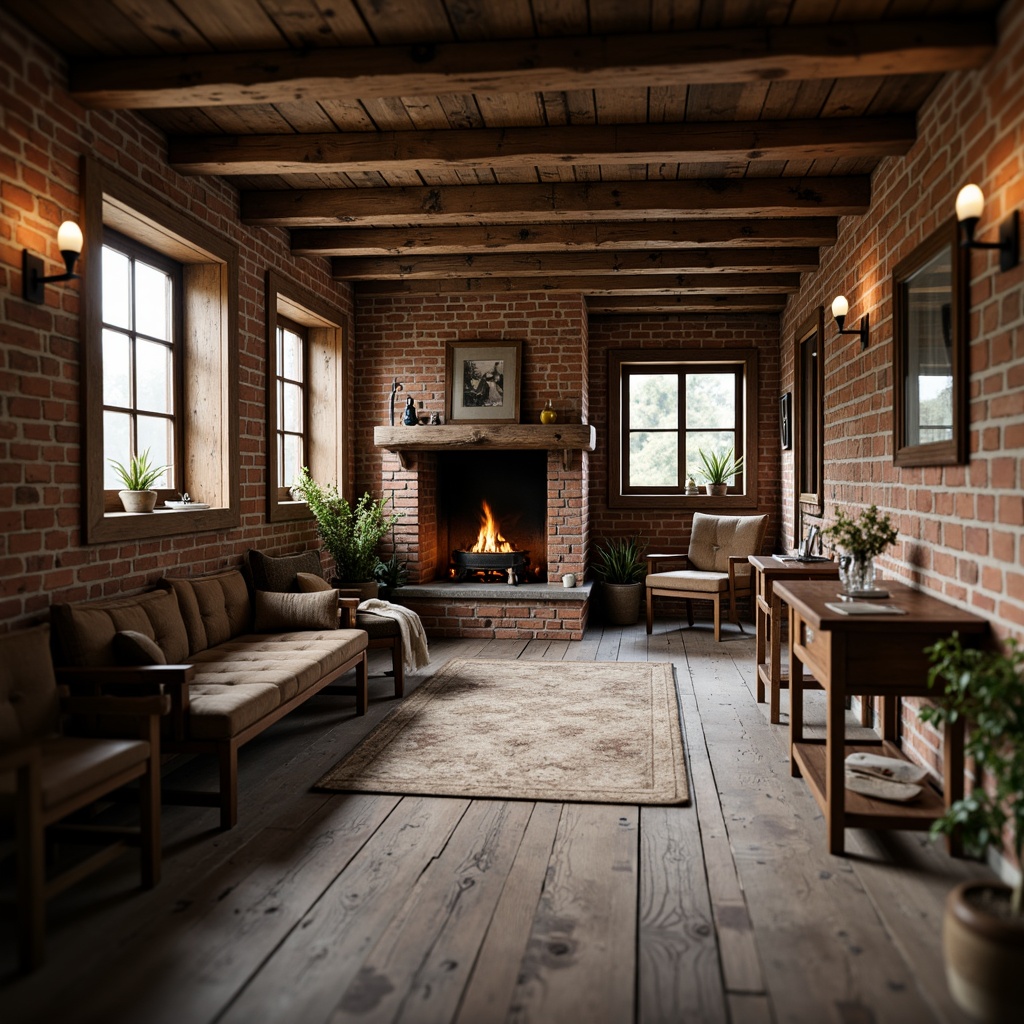 Prompt: Rustic cabin, distressed wood planks, weathered wooden floors, natural stone tiles, earthy tone colors, worn brick patterns, vintage furniture pieces, cozy fireplace, warm lighting ambiance, shallow depth of field, 3/4 composition, realistic textures, ambient occlusion.