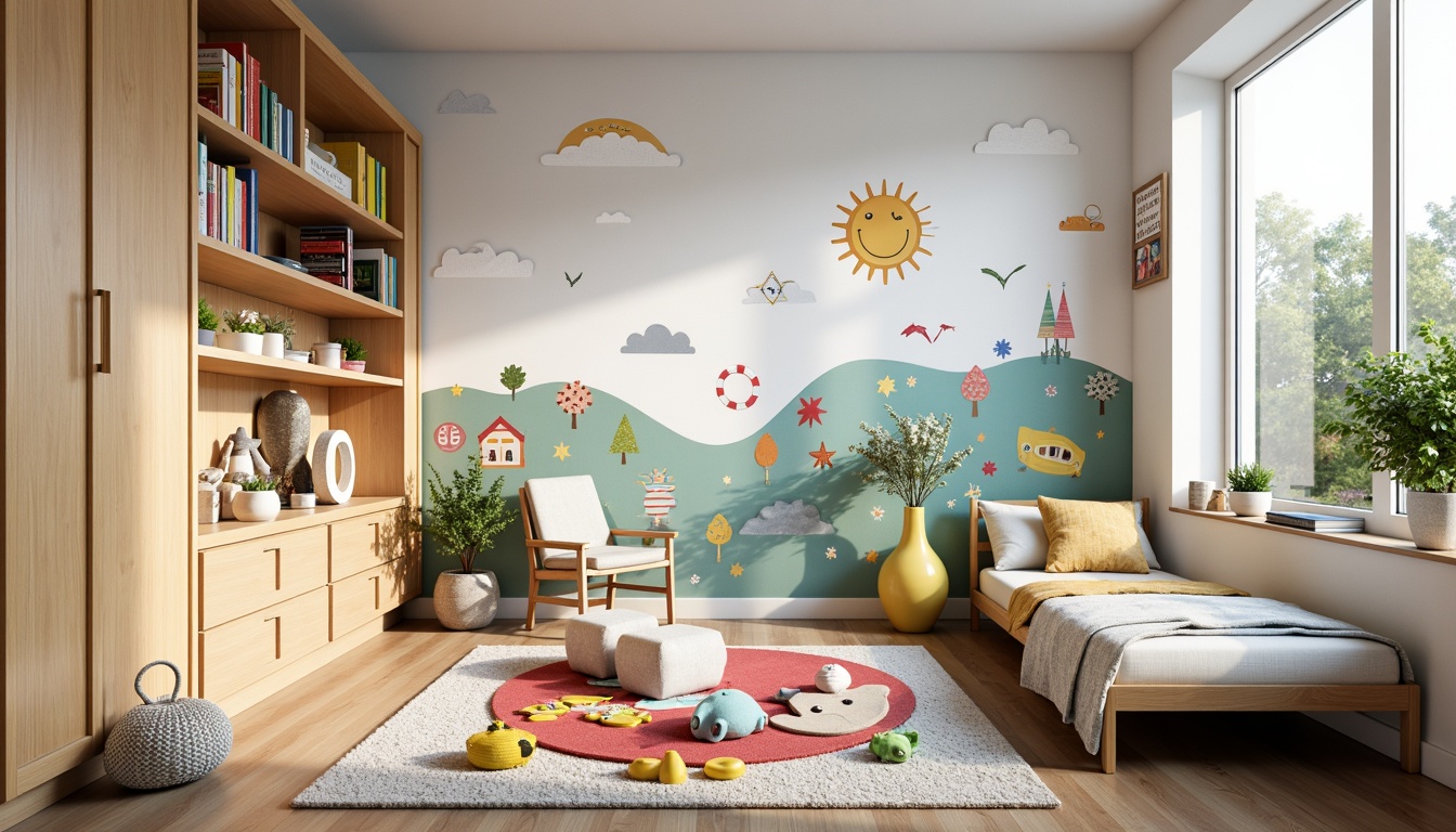 Prompt: Whimsical kid's room, playful wall murals, bright color palette, fun polka dots, cheerful stripes, happy cartoons, 3D effect decals, textured wallpaper, fabric-covered walls, soft pastel hues, modern minimalist shelving, cozy reading nooks, plush area rugs, warm floor lamps, creative storage bins, educational wall charts, inspiring quotes, youthful energy, shallow depth of field, 1/1 composition, realistic textures.