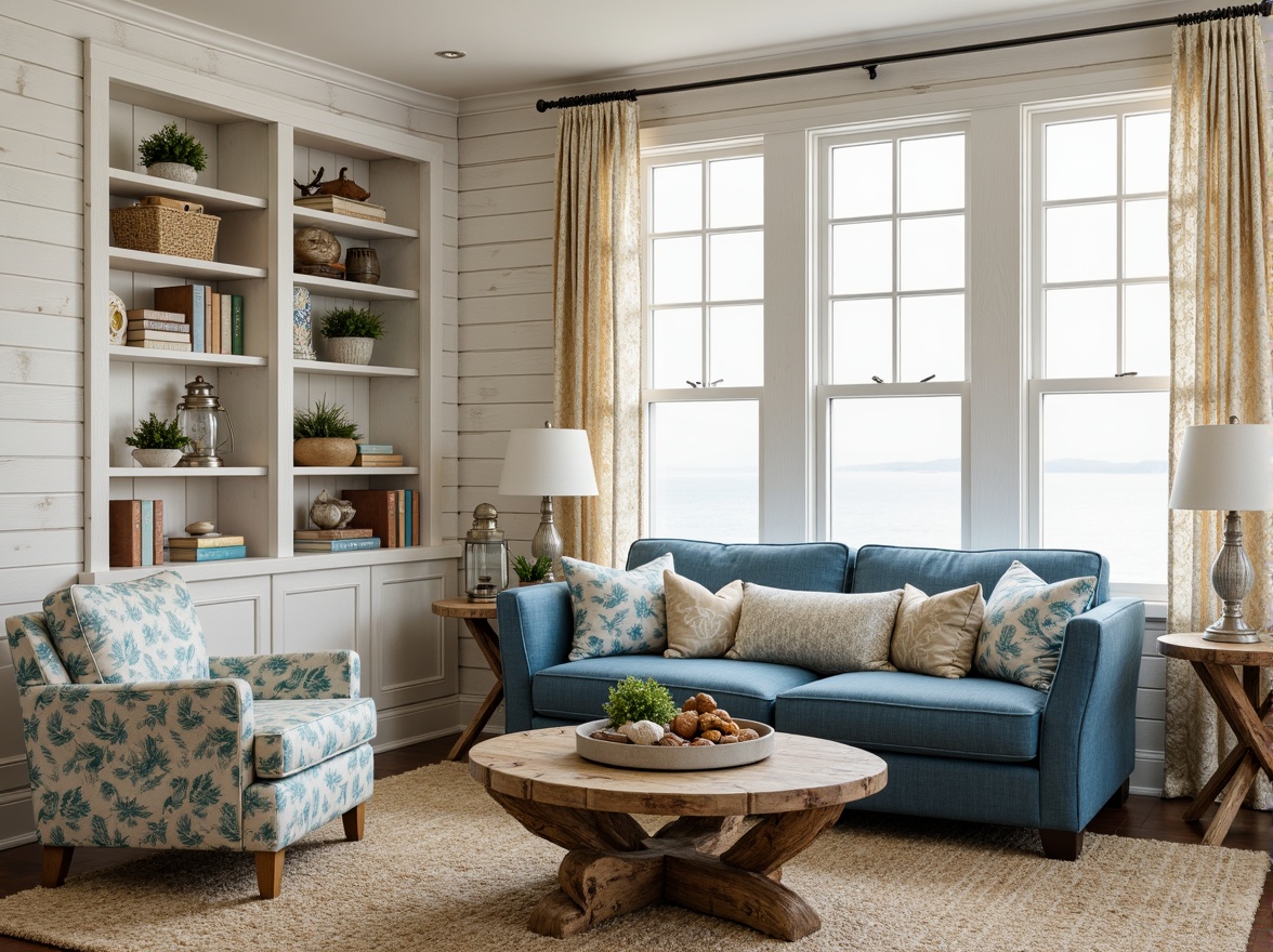 Prompt: Coastal living room, driftwood coffee table, woven sea grass rug, plush ocean-blue sofa, coral-patterned armchair, nautical-themed throw pillows, distressed wood shelving, vintage marine lanterns, natural fiber drapes, white washed wood accents, beachy keystone walls, soft warm lighting, shallow depth of field, 1/1 composition, realistic textures, ambient occlusion.