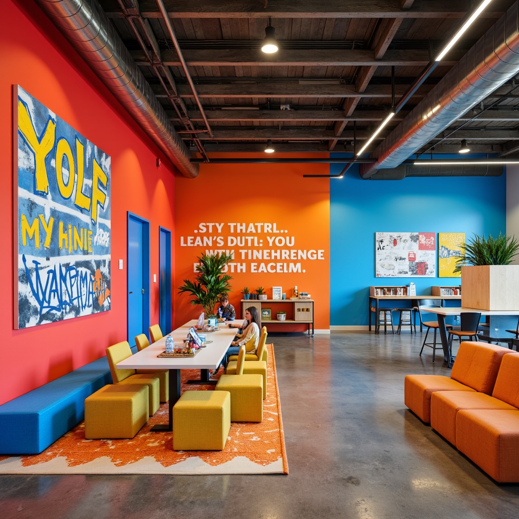 Prompt: Vibrant youth center, playful atmosphere, bright coral walls, energetic blue accents, fun yellow furniture, dynamic orange decor, inspirational quotes, modern graffiti art, urban concrete floors, industrial metal beams, natural wood tones, cozy reading nooks, flexible seating areas, collaborative workspaces, stimulating color blocking, high-contrast lighting, 2/3 composition, dramatic shadows, realistic textures.