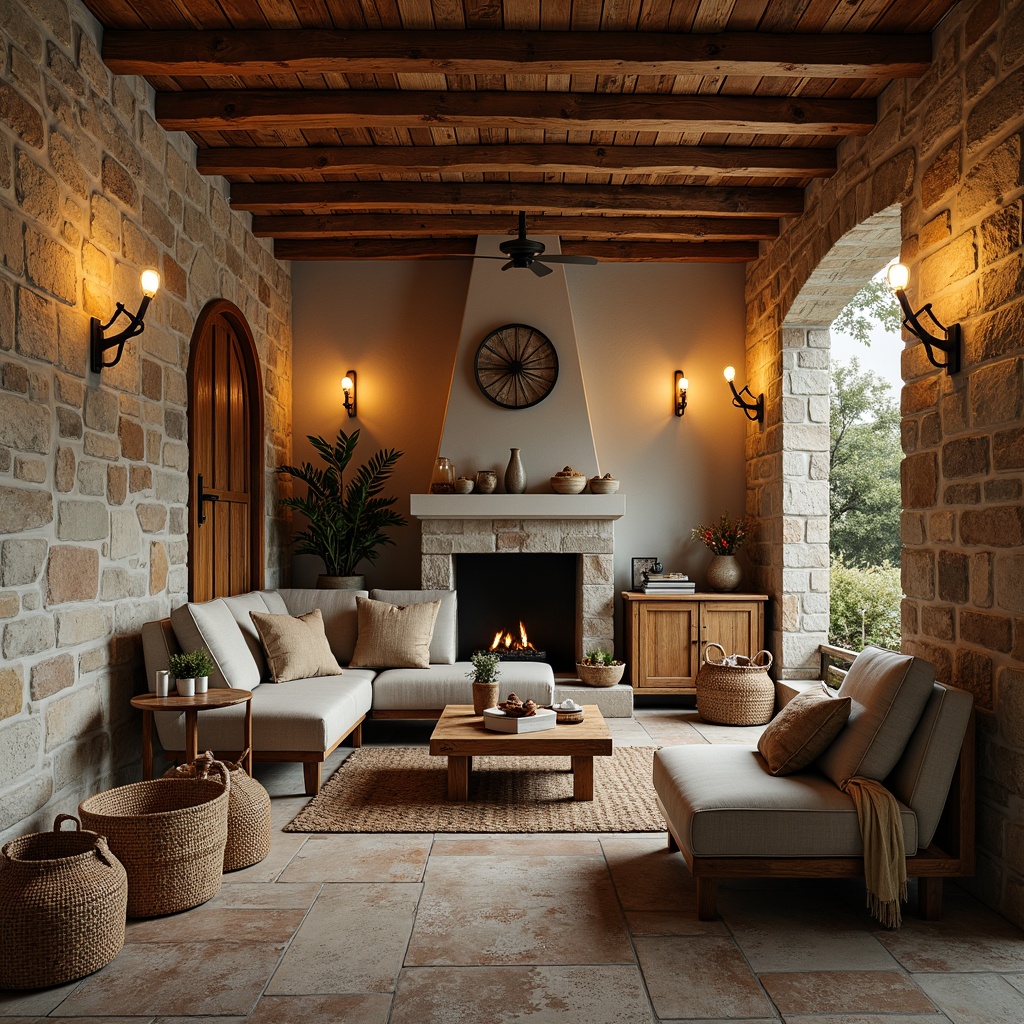 Prompt: Rustic stone walls, reclaimed wood accents, earthy color palette, natural textures, woven baskets, vintage decorative items, cozy throw blankets, distressed wood furniture, warm lighting fixtures, soft warm glow, shallow depth of field, 1/1 composition, realistic wooden grains, ambient occlusion.