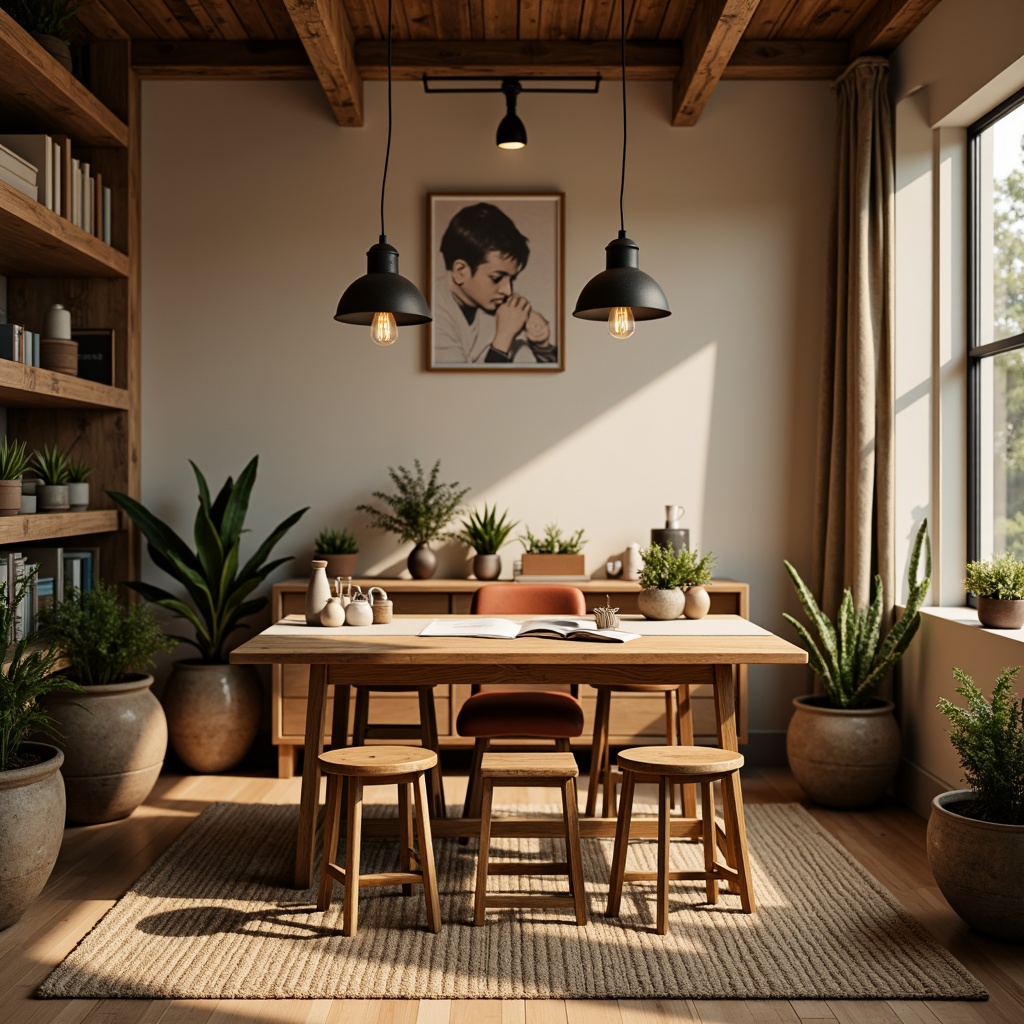 Prompt: Cozy craft room, wooden worktable, comfortable stools, natural fiber rugs, warm beige walls, rustic wood accents, task lamps, pendant lights, industrial metal shades, Edison bulb fixtures, soft warm glow, ambient lighting, 3/4 composition, shallow depth of field, realistic textures, morning sunlight, gentle shadows.