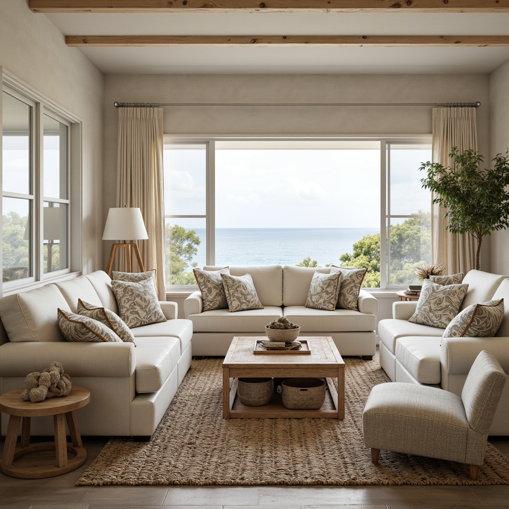 Prompt: Coastal-themed living room, driftwood furniture, ocean-inspired accents, natural fiber textiles, woven sea grass rugs, distressed wood coffee tables, coral-patterned throw pillows, nautical rope decorations, beachy pastel colors, soft warm lighting, shallow depth of field, 3/4 composition, panoramic view, realistic textures, ambient occlusion, calm atmosphere, serene ambiance.