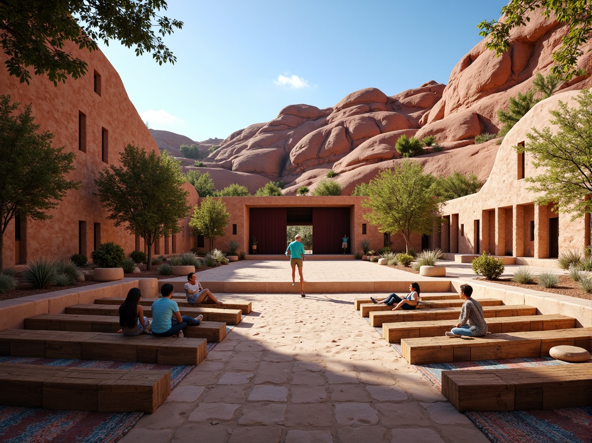 Prompt: Southwestern-style amphitheater, natural red rock formations, rustic wooden seating, desert flora, cacti, sandy terrain, warm sunny day, clear blue sky, open-air performance space, tiered seating areas, acoustic sound shells, sound reflection surfaces, natural stone walls, earthy tones, vibrant turquoise accents, woven textiles, patterned rugs, ambient outdoor lighting, soft warm glow, shallow depth of field, 3/4 composition, panoramic view, realistic textures, ambient occlusion.