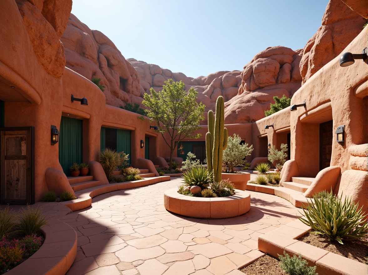 Prompt: Adobe red rock formations, tiered seating areas, natural stone walls, curved lines, earthy color palette, desert flora, cacti, succulents, wooden accents, rustic metal details, sandy walkways, warm sunny day, soft diffused lighting, shallow depth of field, 3/4 composition, panoramic view, realistic textures, ambient occlusion, Southwestern-inspired patterns, vibrant turquoise accents, geometric tile work, earthy terracotta flooring.