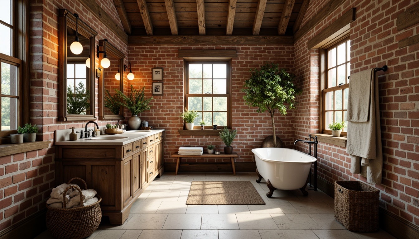 Prompt: Rustic farmhouse bathroom, distressed wood vanity, vintage metal fixtures, exposed brick walls, reclaimed wooden beams, earthy color palette, ceramic tile flooring, clawfoot tub, antique faucets, ornate mirrors, natural stone countertops, woven baskets, potted greenery, soft warm lighting, 1/1 composition, shallow depth of field, realistic textures, ambient occlusion.