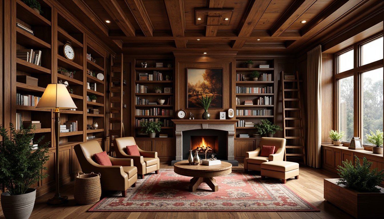 Prompt: Cozy library, warm wooden tones, rustic bookshelves, vintage leather armchairs, distressed wood coffee tables, plush area rugs, soft warm lighting, floor lamps, wooden ladder bookcases, natural stone fireplaces, earthy color palette, comfortable reading nooks, rich wood textures, classic literature displays, decorative antique clocks, woven baskets, nature-inspired artwork, serene atmosphere, 1/1 composition, realistic rendering.