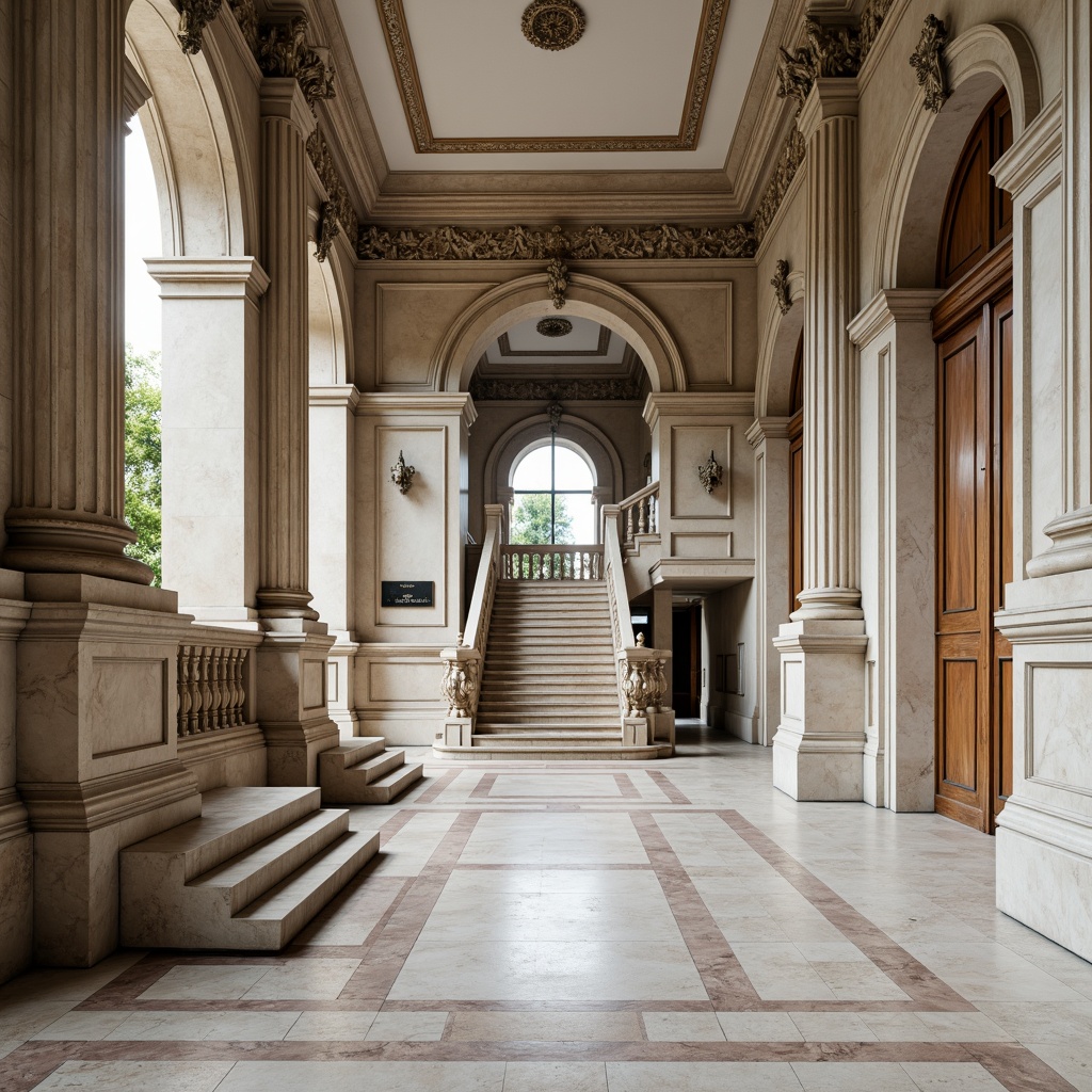 Prompt: Ornate columns, carved capitals, decorative entablatures, symmetrical facades, grand entranceways, sweeping staircases, polished marble floors, intricate moldings, ornamental arches, rusticated bases, Corinthian pilasters, acanthus leaf motifs, egg-and-dart patterns, dentil molding, fluted pilasters, balustrade railings, limestone cladding, neutral color palette, subtle texture variations, soft natural lighting, shallow depth of field, 1/2 composition, realistic rendering.