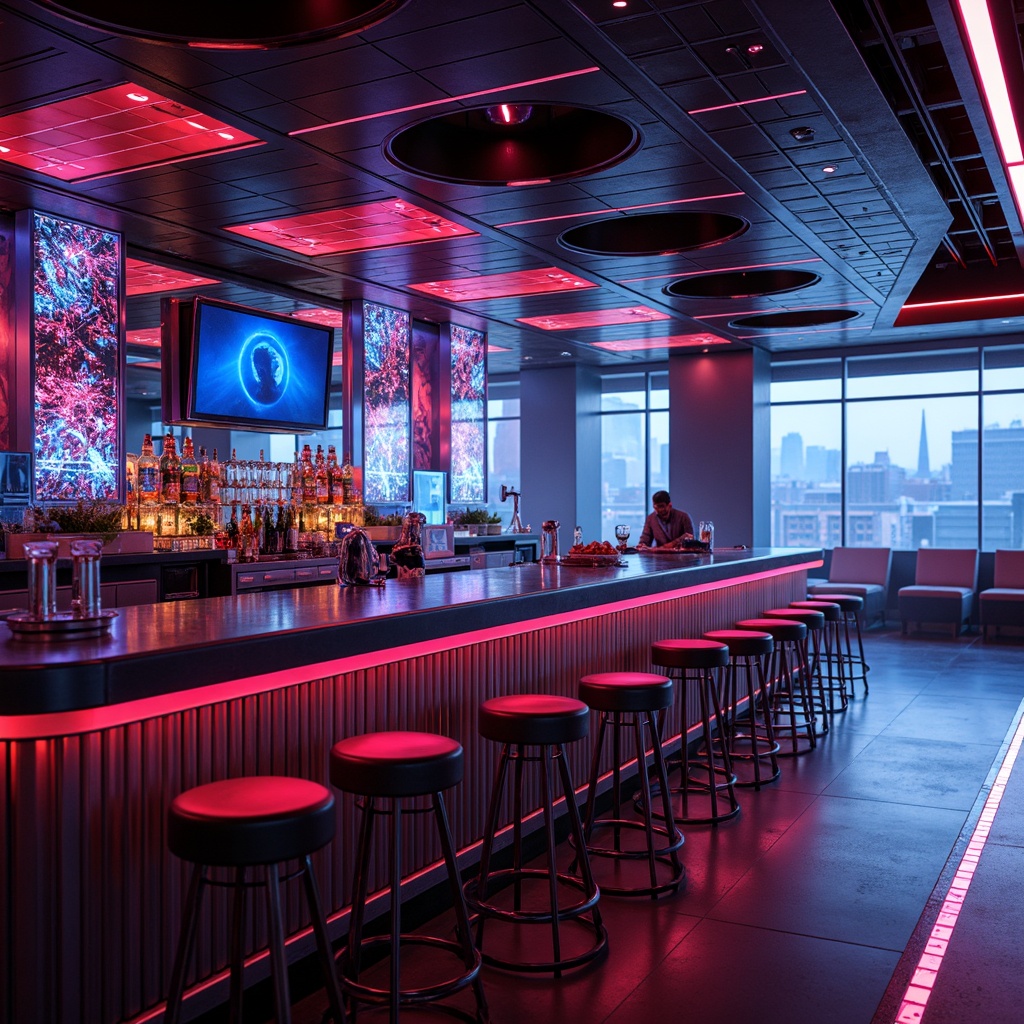 Prompt: Neon-lit futuristic bar, metallic accents, holographic displays, LED strip lights, ambient glow, sleek countertops, minimalist stools, chrome finishes, geometric patterns, cyberpunk-inspired decor, atmospheric fog effects, vibrant color schemes, high-ceilinged interior, floor-to-ceiling windows, cityscape views, bustling urban atmosphere, 1/1 composition, shallow depth of field, cinematic lighting, realistic reflections.