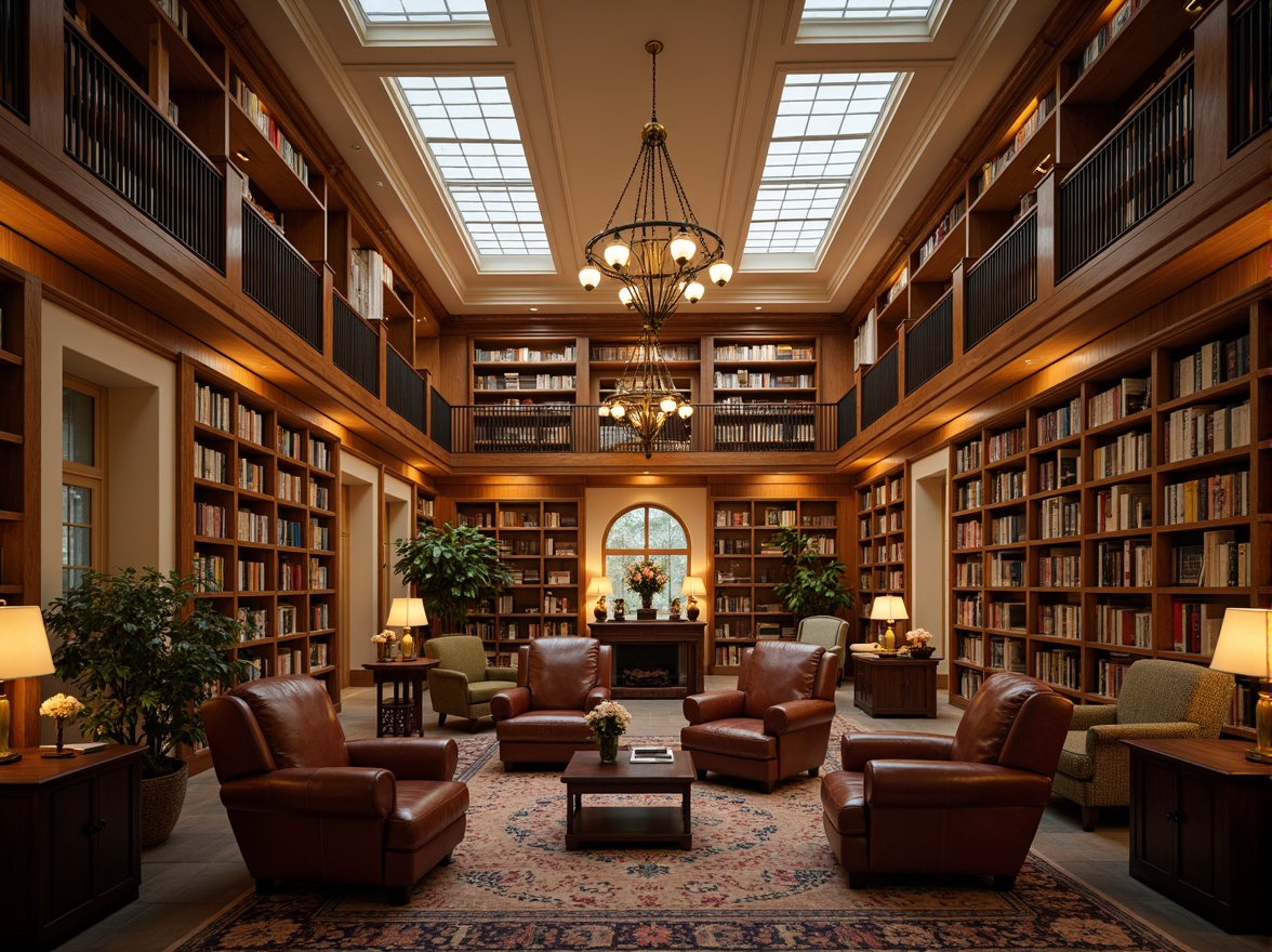 Prompt: Cozy academic library, warm wooden shelves, classic leather armchairs, soft box lighting, warm beige walls, rich wood paneling, elegant chandeliers, subtle floor lamps, natural daylight, clerestory windows, high ceilings, sophisticated architectural details, ornate moldings, traditional furnishings, comfortable reading nooks, peaceful atmosphere, soft focus, shallow depth of field, 2/3 composition, realistic textures, ambient occlusion.