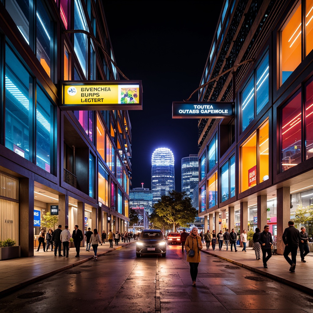 Prompt: Vibrant bus station, urban cityscape, sleek metal structures, bold color blocking, bright LED lights, dynamic angular lines, modern minimalism, industrial chic, polished concrete floors, stainless steel accents, neon signage, bustling crowd atmosphere, warm golden lighting, 1/2 composition, shallow depth of field, realistic reflections.