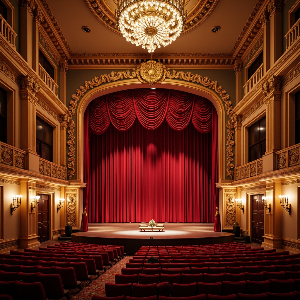 Prompt: Vibrant theater interior, rich velvet curtains, luxurious golden accents, ornate chandeliers, plush red seats, dramatic spotlights, warm beige walls, intricate moldings, Baroque-inspired patterns, lavish drapery, crystal chandeliers, grandiose scale, dynamic color contrasts, bold geometric shapes, low-key ambient lighting, 1/2 composition, cinematic atmosphere, realistic textures, high-contrast rendering.