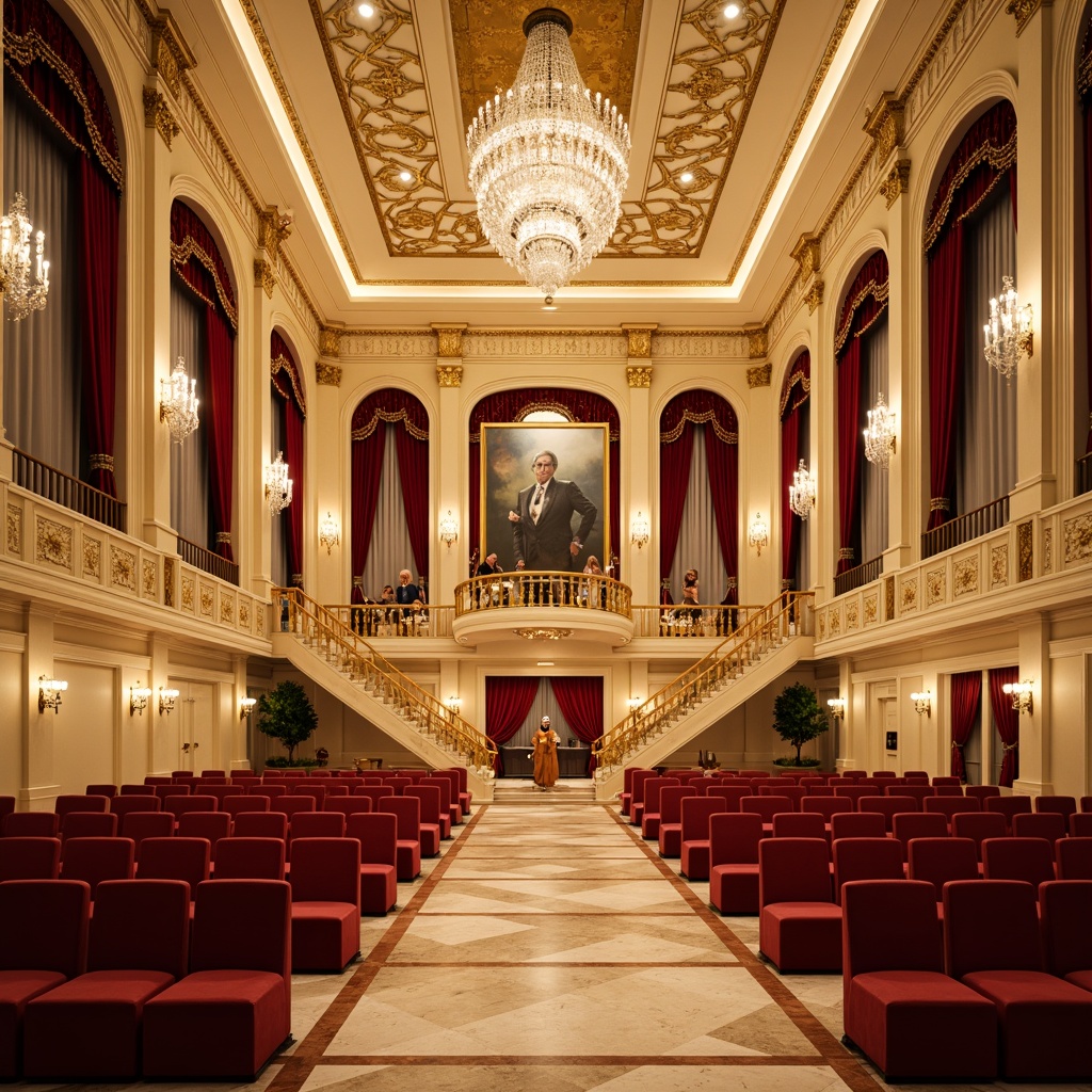 Prompt: Luxurious concert hall, ornate gold accents, soft cream walls, rich velvet drapes, crystal chandeliers, lavish furnishings, intricate carvings, delicate filigree patterns, warm beige marble floors, opulent red velvet seating, Baroque-inspired architectural details, grandiose staircases, dramatic spotlights, warm golden lighting, 1/2 composition, cinematic camera angles, shallow depth of field, realistic reflections.