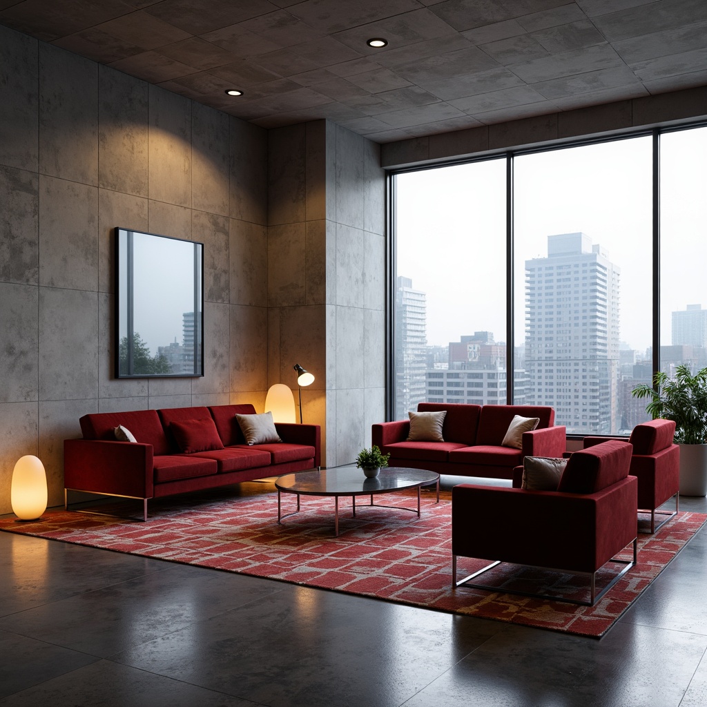 Prompt: Streamlined modern interior, sleek low-profile furniture, minimalist aesthetic, bold color accents, luxurious velvet upholstery, polished chrome legs, geometric patterned rugs, ambient floor lamps, textured concrete walls, large windows, urban cityscape view, soft warm lighting, shallow depth of field, 1/1 composition, realistic material reflections, atmospheric misting effects.