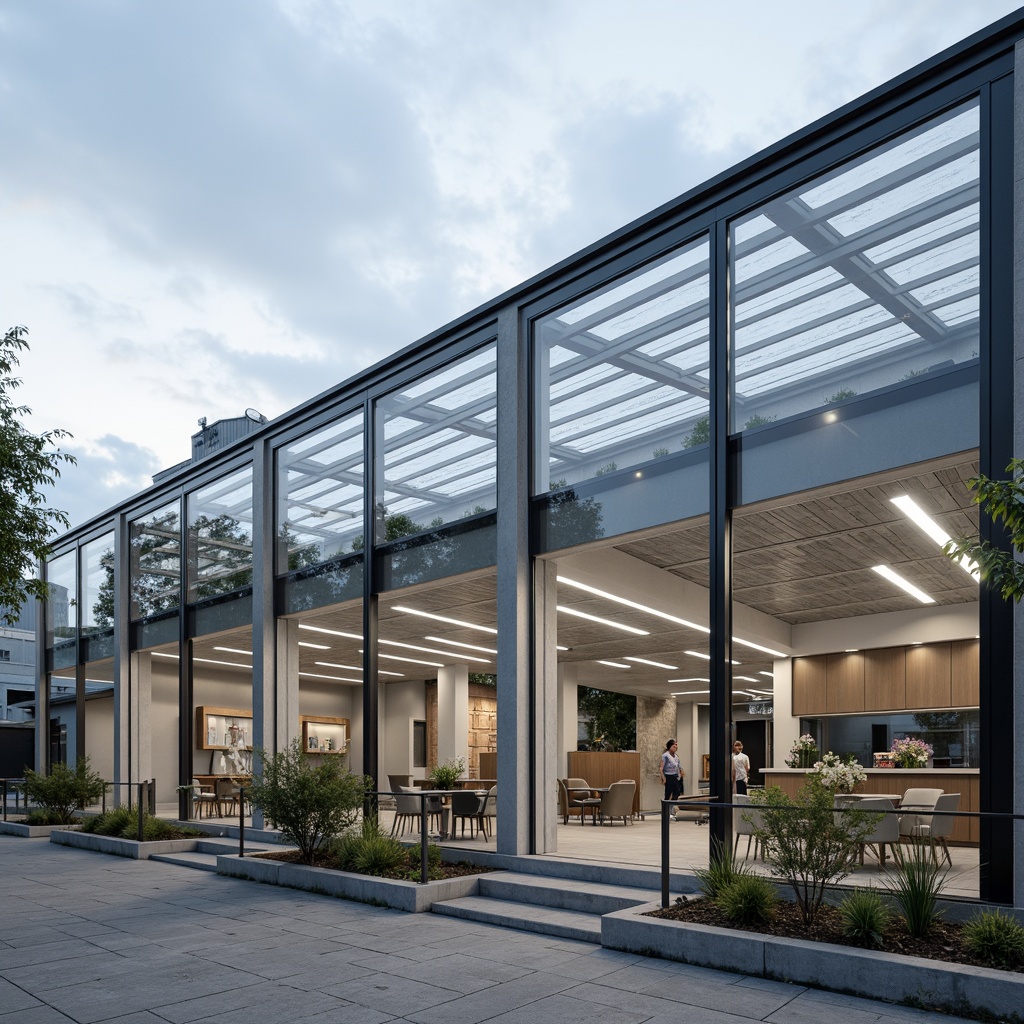 Prompt: Industrial facility, modern architecture, polycarbonate roofing, transparent walls, natural lighting, sleek metal frames, minimal decor, functional layout, high-ceiling interior, exposed ductwork, concrete flooring, metallic accents, urban landscape, cloudy sky, soft diffused light, shallow depth of field, 3/4 composition, realistic textures, ambient occlusion.