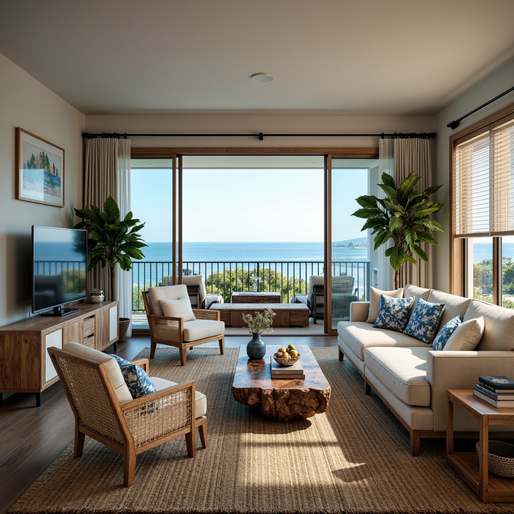 Prompt: Coastal living room, driftwood coffee table, woven sea grass armchairs, ocean-inspired blue and green color scheme, natural textiles, jute rugs, reclaimed wood shelving units, glass top console tables, beachy decorative accents, coral-patterned throw pillows, linen-upholstered sofas, floor-to-ceiling windows, sliding glass doors, breathtaking ocean views, soft warm lighting, shallow depth of field, 1/2 composition, realistic wood textures, ambient occlusion.