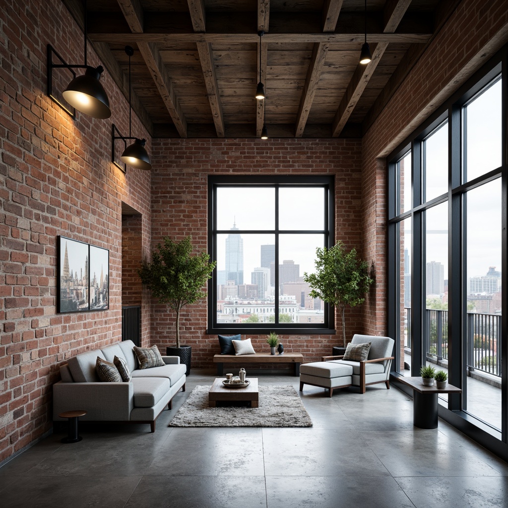 Prompt: Exposed brick walls, industrial metal beams, reclaimed wood accents, modern minimalist decor, urban cityscape views, floor-to-ceiling windows, sleek low-profile furniture, monochromatic color scheme, neutral tones, matte black fixtures, polished concrete floors, industrial-chic lighting, soft warm glow, shallow depth of field, 2/3 composition, realistic textures, ambient occlusion.