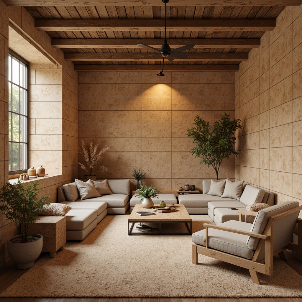 Prompt: Natural cork material, earthy tones, warm textures, organic patterns, sustainable eco-friendly flooring, rustic charm, distressed finishes, traditional European-inspired design, cozy living rooms, comfortable bedrooms, soft warm lighting, shallow depth of field, 1/1 composition, realistic wood grain details, ambient occlusion.