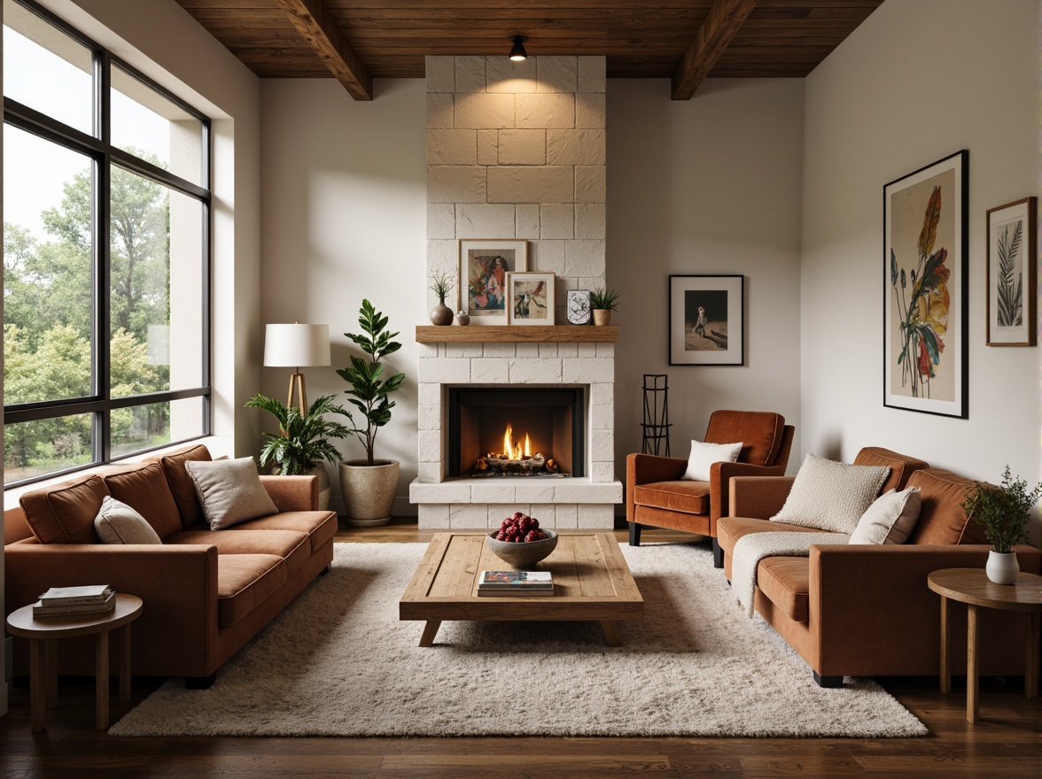 Prompt: Cozy living room, plush sofas, velvet armchairs, wooden coffee tables, rustic decor, vintage accents, soft warm lighting, natural stone fireplace, large windows, modern minimalist design, Scandinavian-inspired furniture, cream-colored walls, dark hardwood floors, potted greenery, abstract artwork, ambient textures.