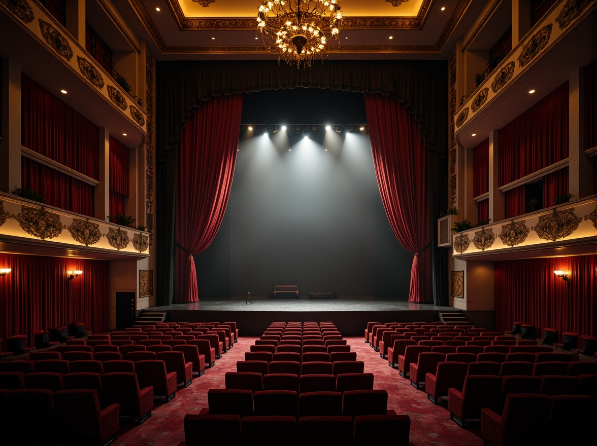 Prompt: Dimly lit theater interior, rich velvet curtains, ornate golden balconies, spotlights, soft warm glow, dramatic shadows, atmospheric fog, crimson red seats, luxurious carpeted floors, intricate molding details, grand chandeliers, majestic high ceilings, intimate setting, 1/2 composition, low-key lighting, subtle color palette, ambient occlusion.