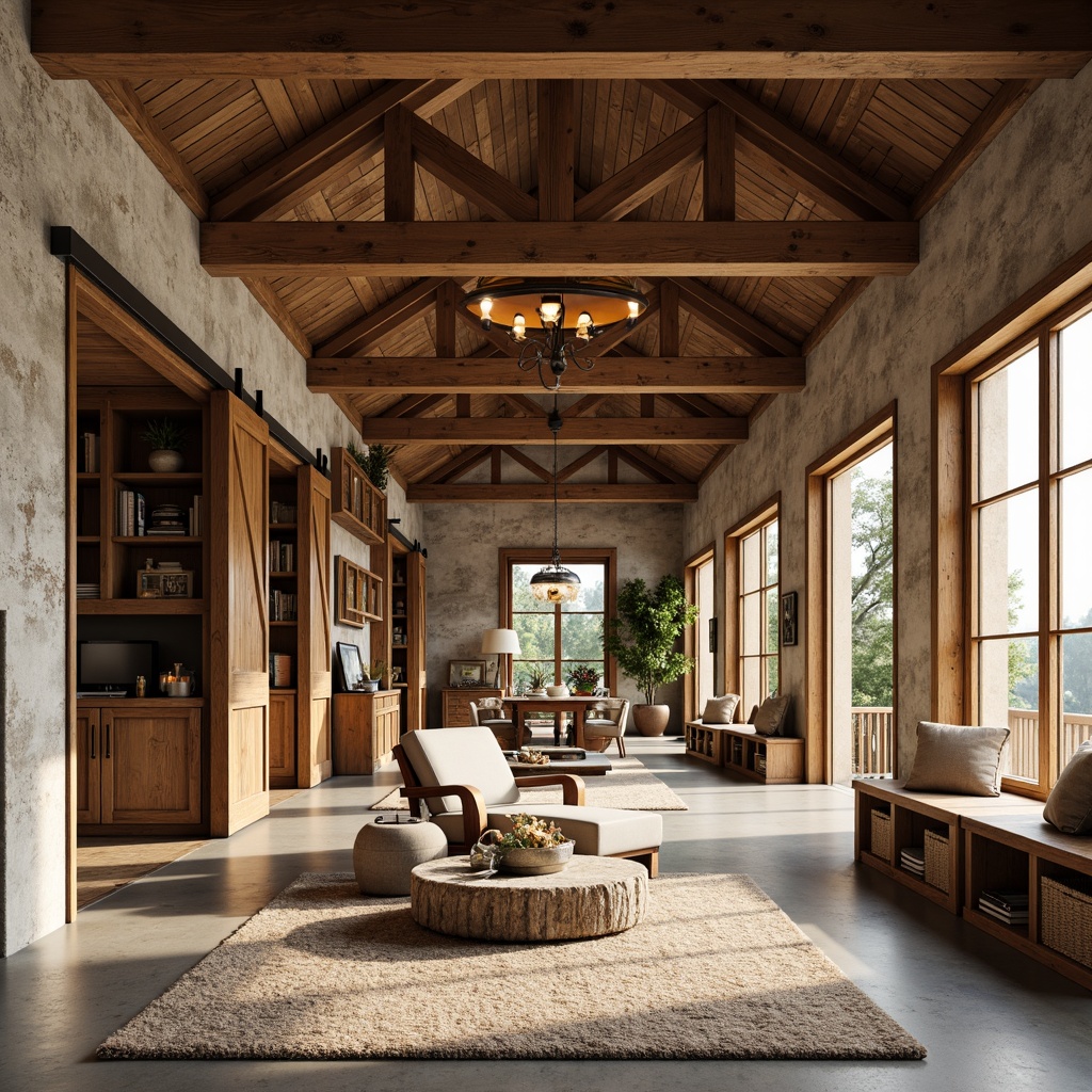 Prompt: Rustic farmhouse, open floor plan, wooden beams, natural stone walls, earthy color palette, vintage decorations, distressed wood accents, shiplap ceilings, sliding barn doors, industrial lighting fixtures, metal roof trusses, exposed ductwork, concrete floors, cozy reading nooks, built-in window seats, plush area rugs, abundant natural light, soft warm atmosphere, shallow depth of field, 1/1 composition, realistic textures, ambient occlusion.