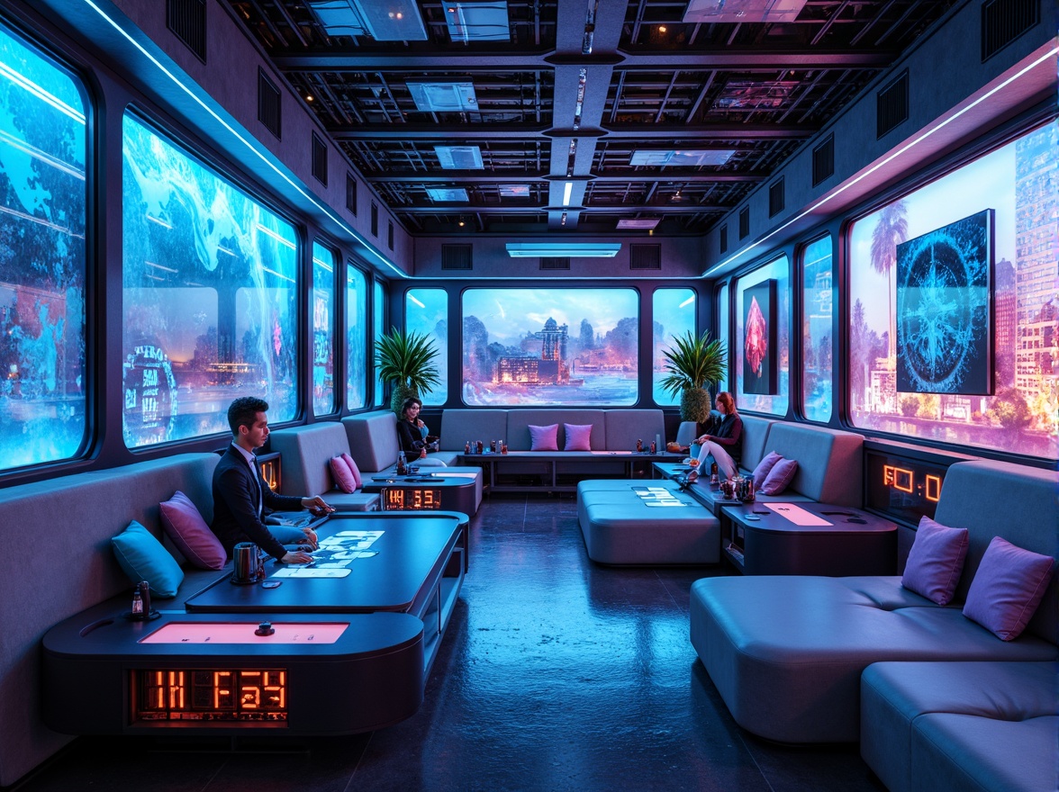 Prompt: Futuristic interior, neon-lit ambiance, iridescent hues, metallic accents, holographic patterns, LED lights, space-age furniture, curved lines, geometric shapes, glass surfaces, mirror finishes, abstract art pieces, cyberpunk-inspired decor, virtual reality headsets, high-tech gadgets, sleek consoles, futuristic control panels, ambient glow, soft blue lighting, shallow depth of field, 1/1 composition, realistic textures, ambient occlusion.