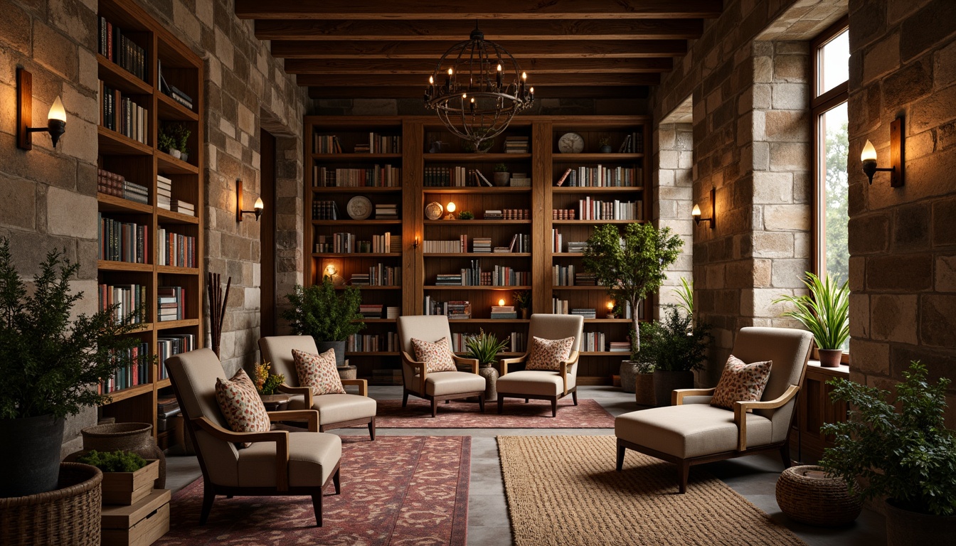 Prompt: Rustic library interior, wooden shelving units, distressed wood textures, earthy color palette, natural stone walls, cozy reading nooks, vintage book collections, leather-bound tomes, warm candlelight, rich wood tones, exposed beam ceilings, reclaimed wood accents, woven basket storage, plush area rugs, comfortable armchairs, floor lamps, soft warm lighting, shallow depth of field, 2/3 composition, realistic textures, ambient occlusion.