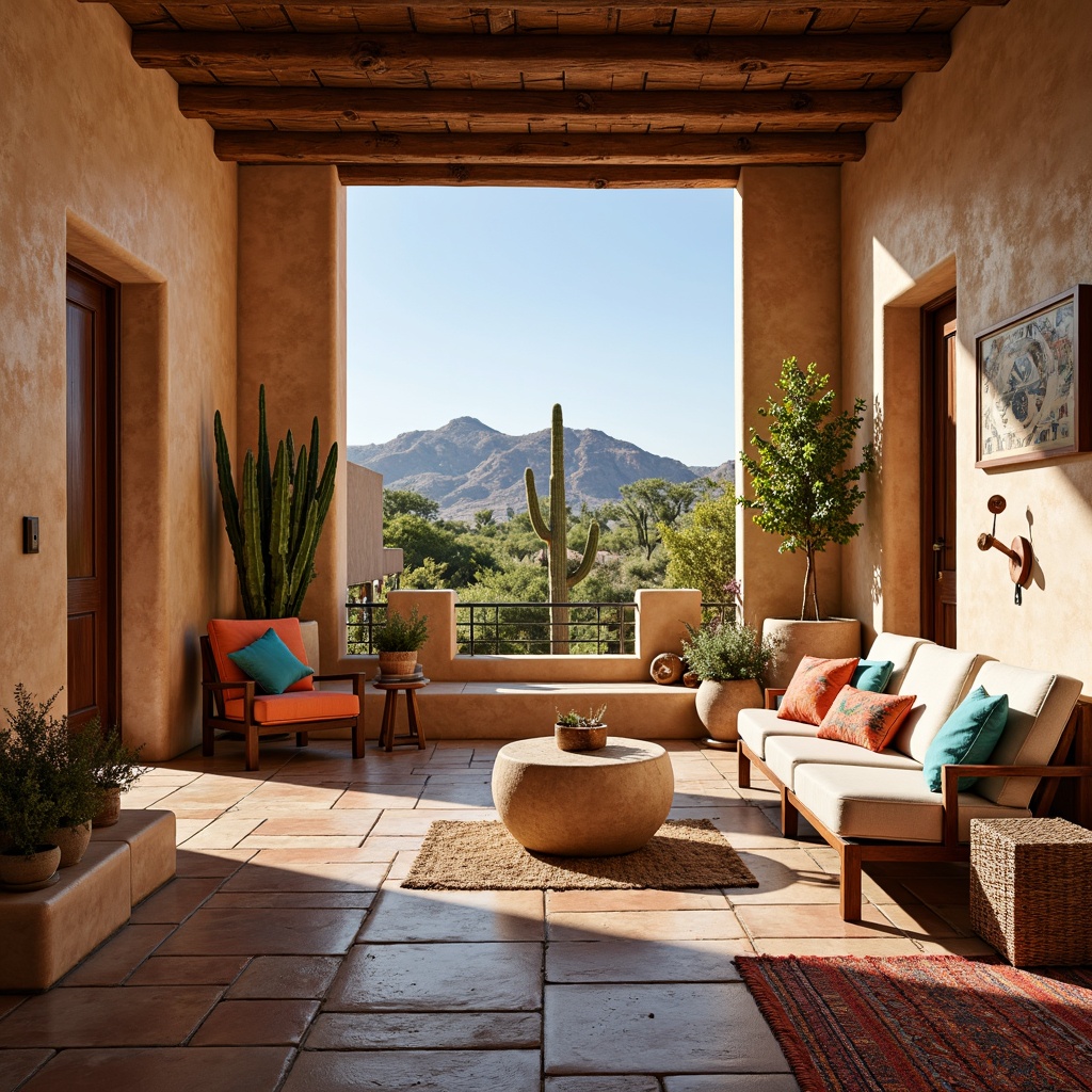 Prompt: Southwestern-inspired room, terracotta flooring, earthy tone tiles, natural stone inlays, woven jute rugs, vibrant turquoise accents, rustic wooden furniture, adobe-style architecture, warm beige walls, desert landscape views, cactus plants, hot sunny day, clear blue sky, Spanish-inspired patterns, geometric motifs, bold colorful textiles, ambient warm lighting, shallow depth of field, 3/4 composition, realistic textures.