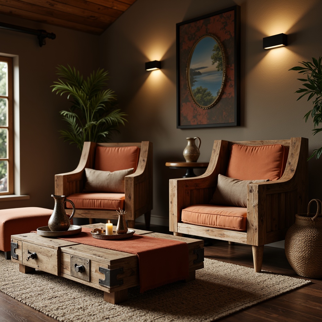 Prompt: Rustic wooden armchairs, plush velvet cushions, distressed leather ottomans, reclaimed wood coffee tables, vintage metal accents, earthy terracotta vases, natural fiber rugs, woven wicker baskets, candlelit ambiance, soft warm lighting, 1/1 composition, shallow depth of field, realistic textures, ambient occlusion.